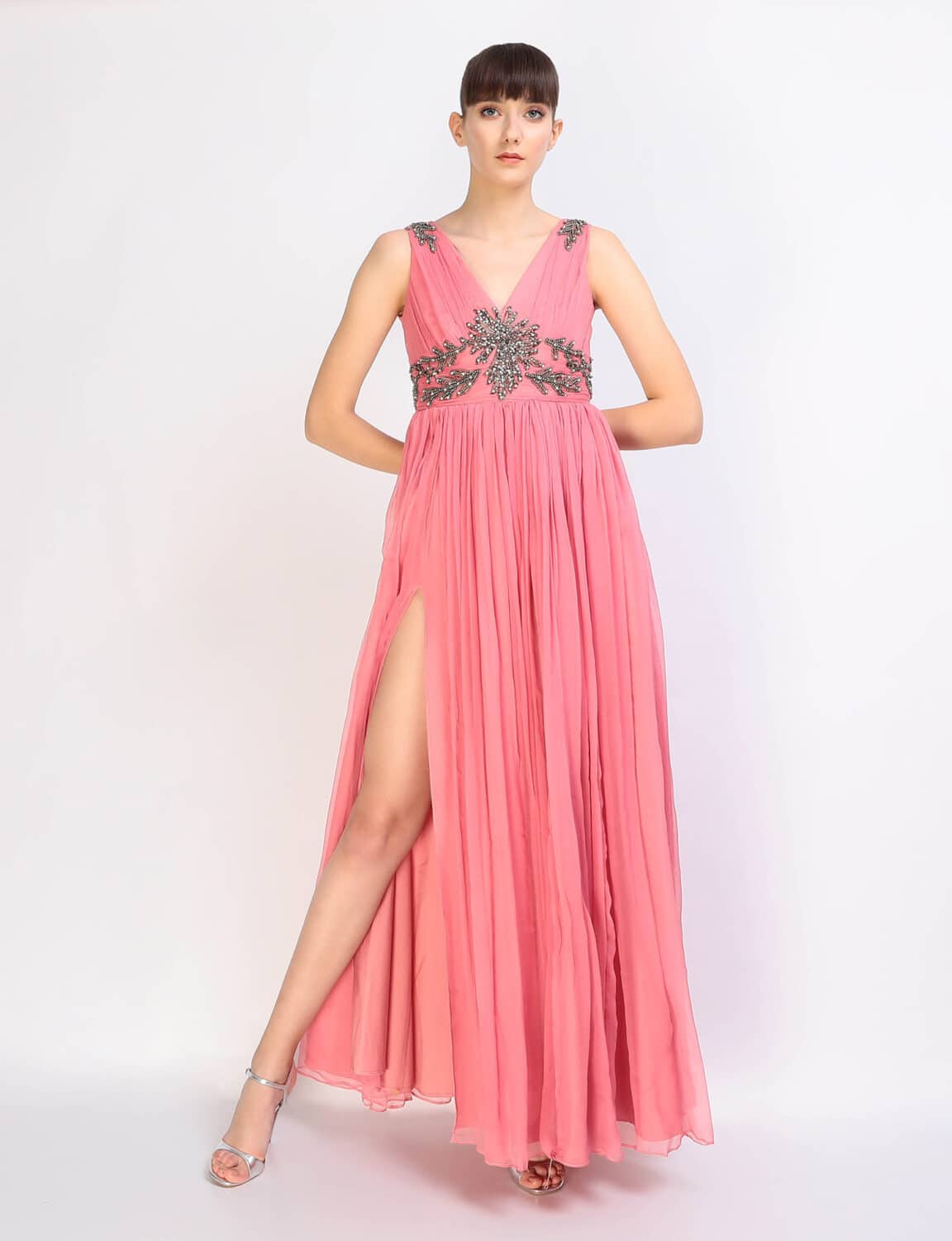 JACQUELINE pink silk long evening dress with silver embroidery