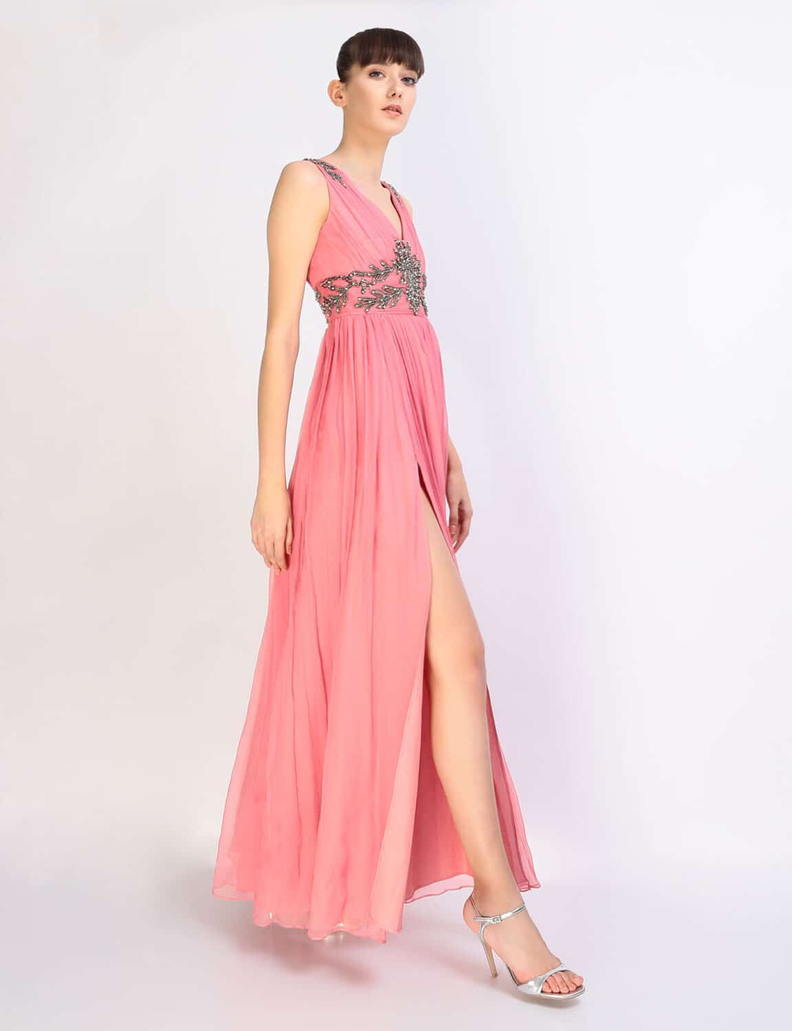 JACQUELINE pink silk long evening dress with silver