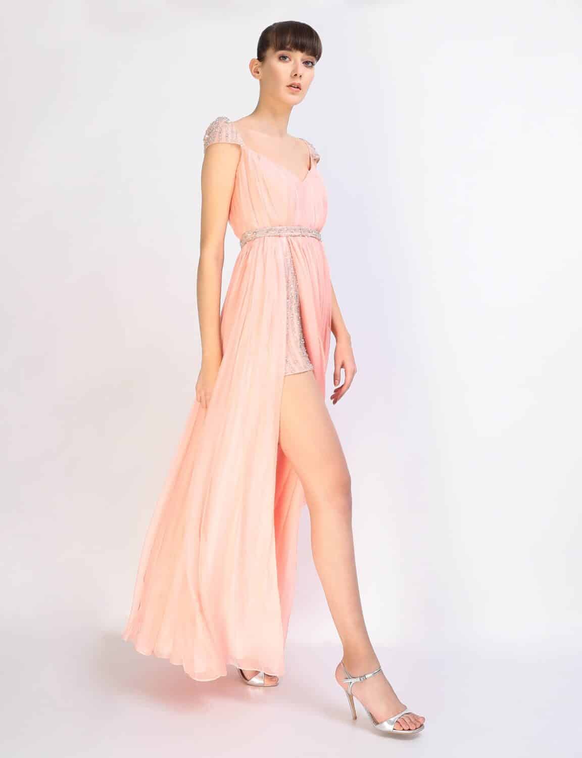 ELLEN pink silk long evening dress