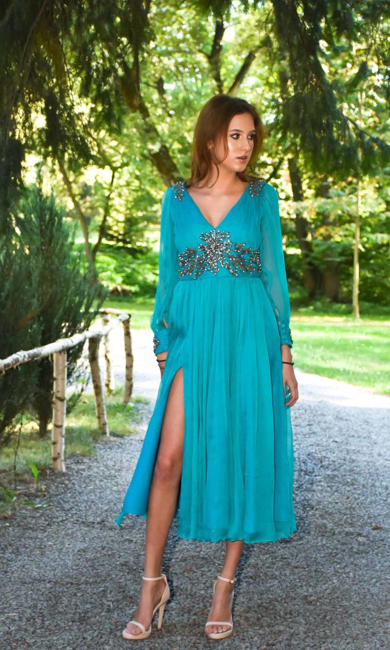 JACQUELINE turquoise natural silk evening dress with silver embroidery