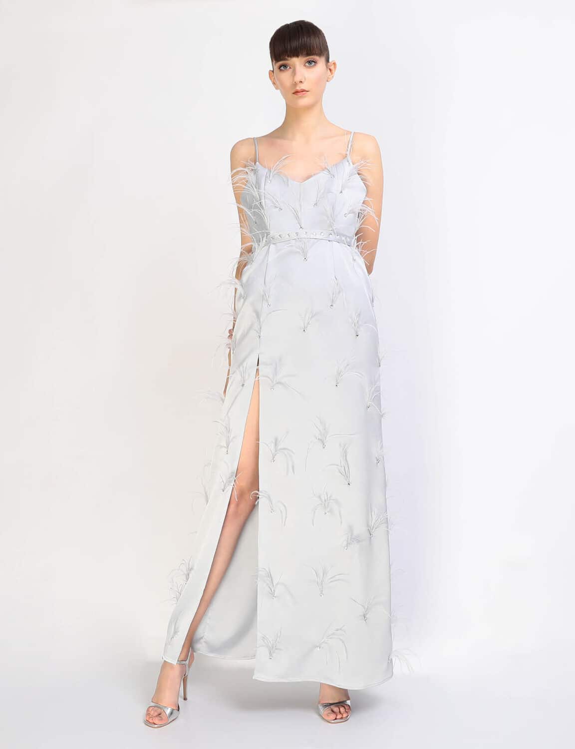 BIANCA grey long evening dress with feathers