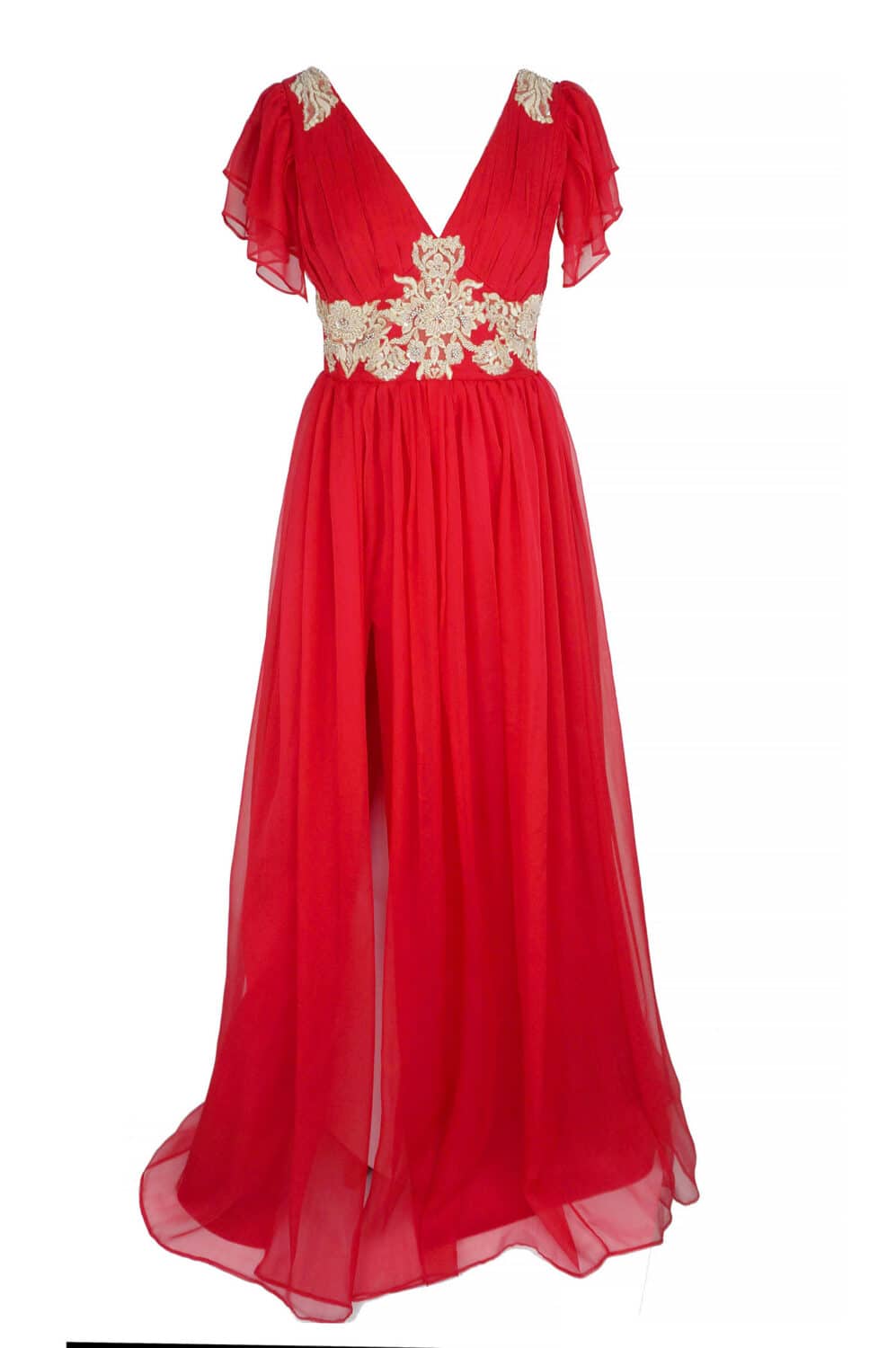Rochie lungă de seară JACQUELINE din mătase naturală roșie și broderie auriu deschis