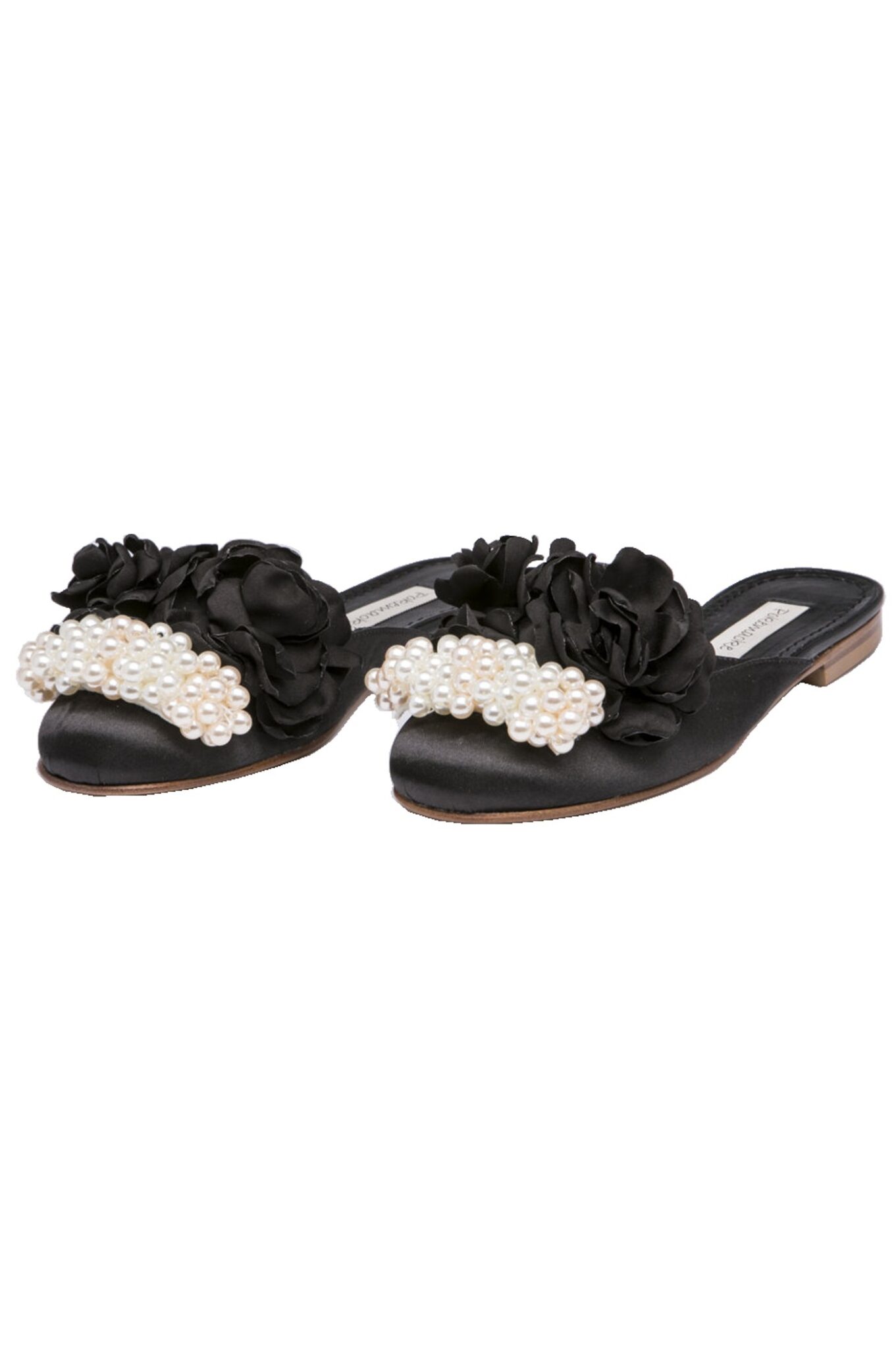 Black pearls and flowers embellished elegant satin slippers - Pokemaoke