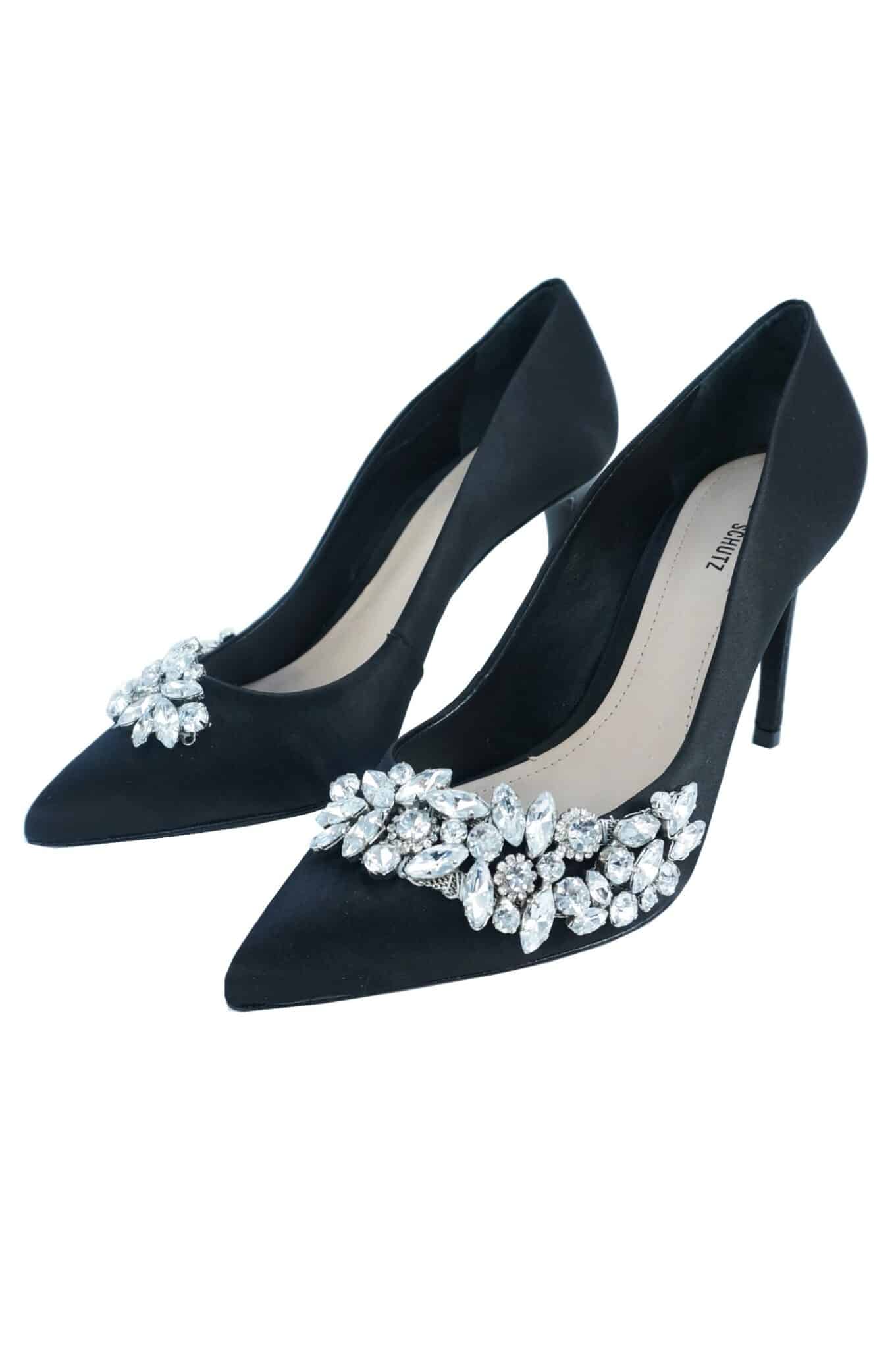 Pantofi stiletto din satin negru cu cristale - SCHUTZ