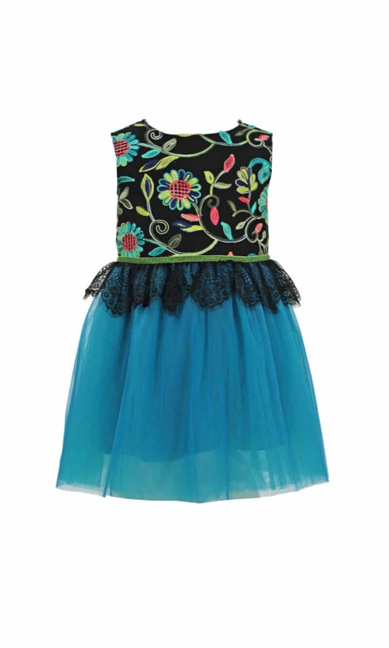 DAKOTA embroidery and turquoise tulle girls dress