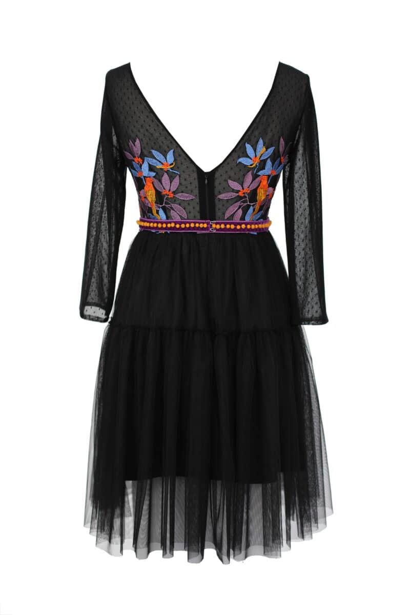 ALIANA colourful embroidery and black tulle mini dress
