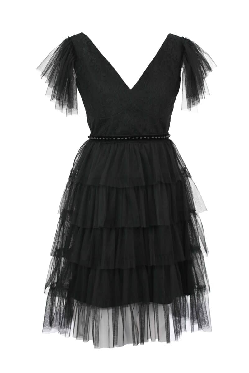 R21172 01 - KARINE black midi lace evening dress - Ambar Studio