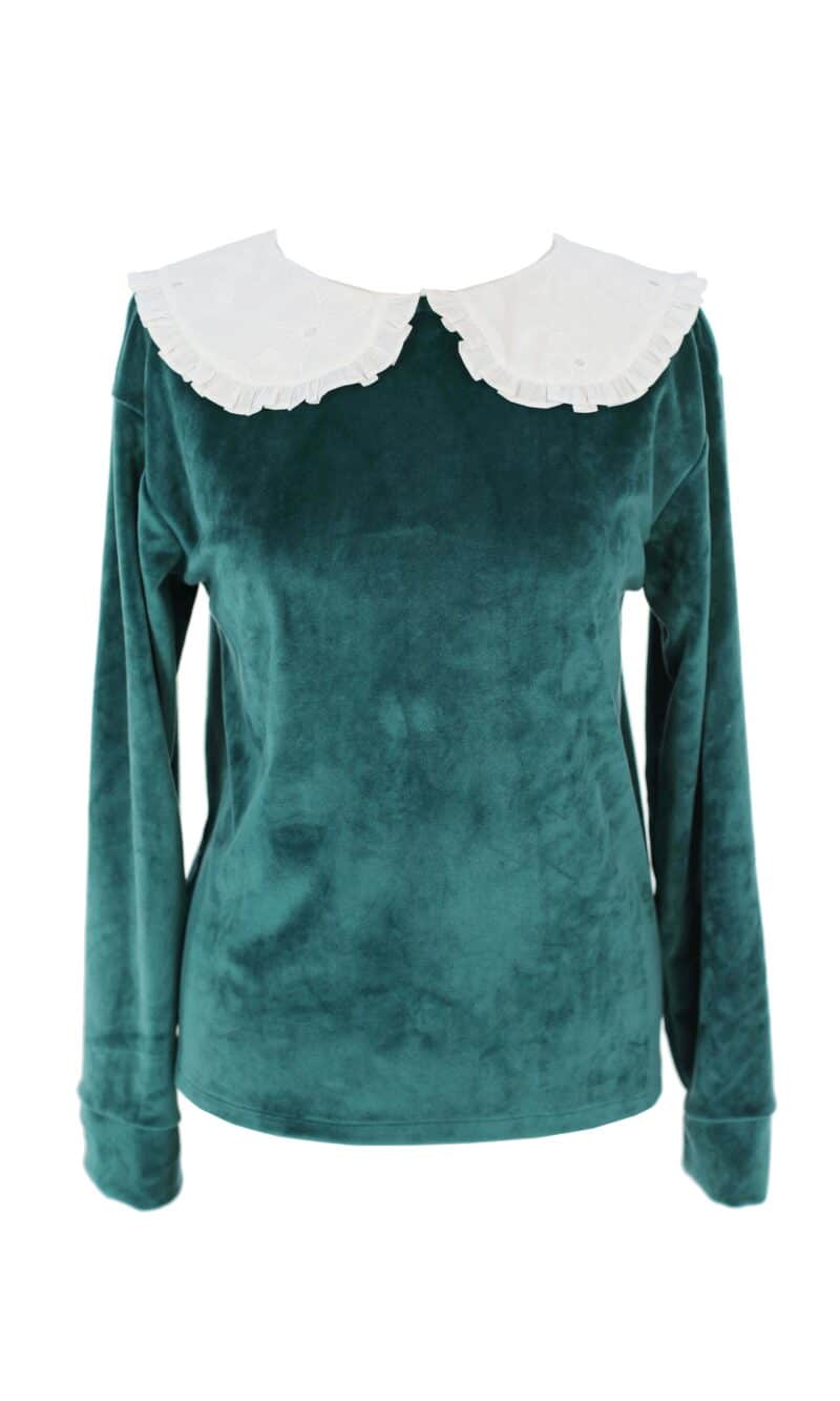 Bluză ZAFIA din catifea verde cu guler alb