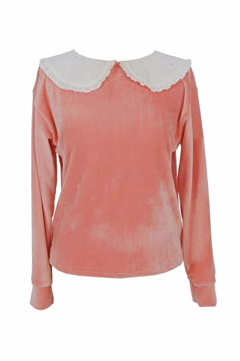 Bluză ZAFIA din catifea roz și cu guler alb