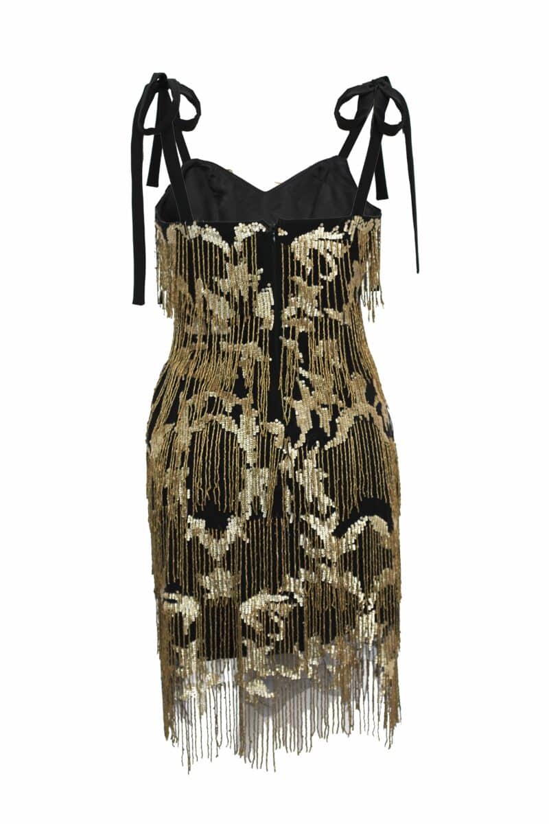 Rochie de seară scurtă cu corset din broderie cu franjuri negru cu auriu KSENIA