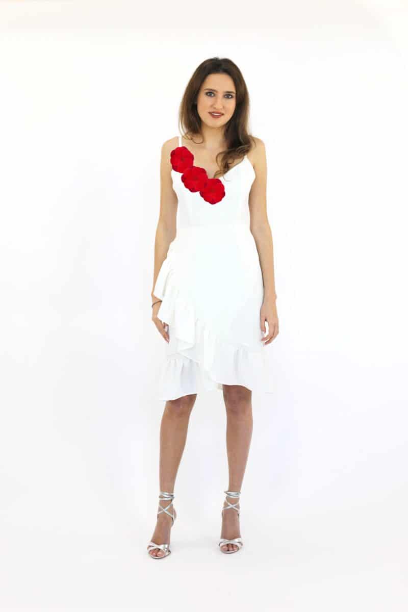 LOUISA white crepe mini dress with ruffles and 3D flowers