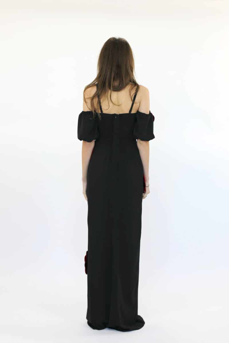MARYIA long black evening dress with red flowers