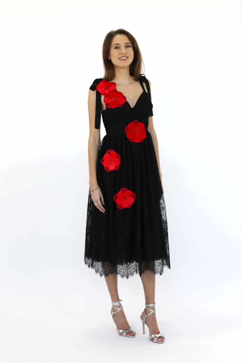 KRISTINA black lace midi evening dress with red flowers