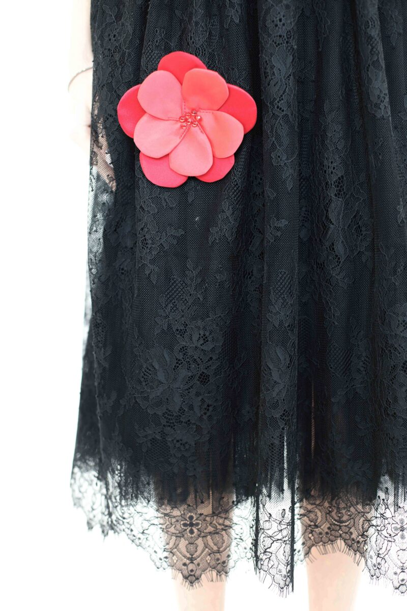 KRISTINA black lace midi evening dress with red flowers