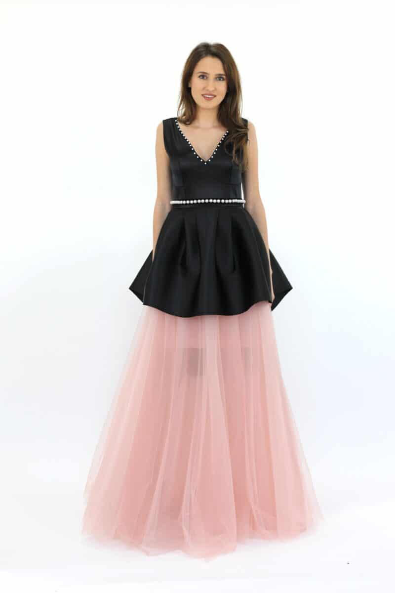 Rochie lungă de seară negru cu roz pudră TAISIA