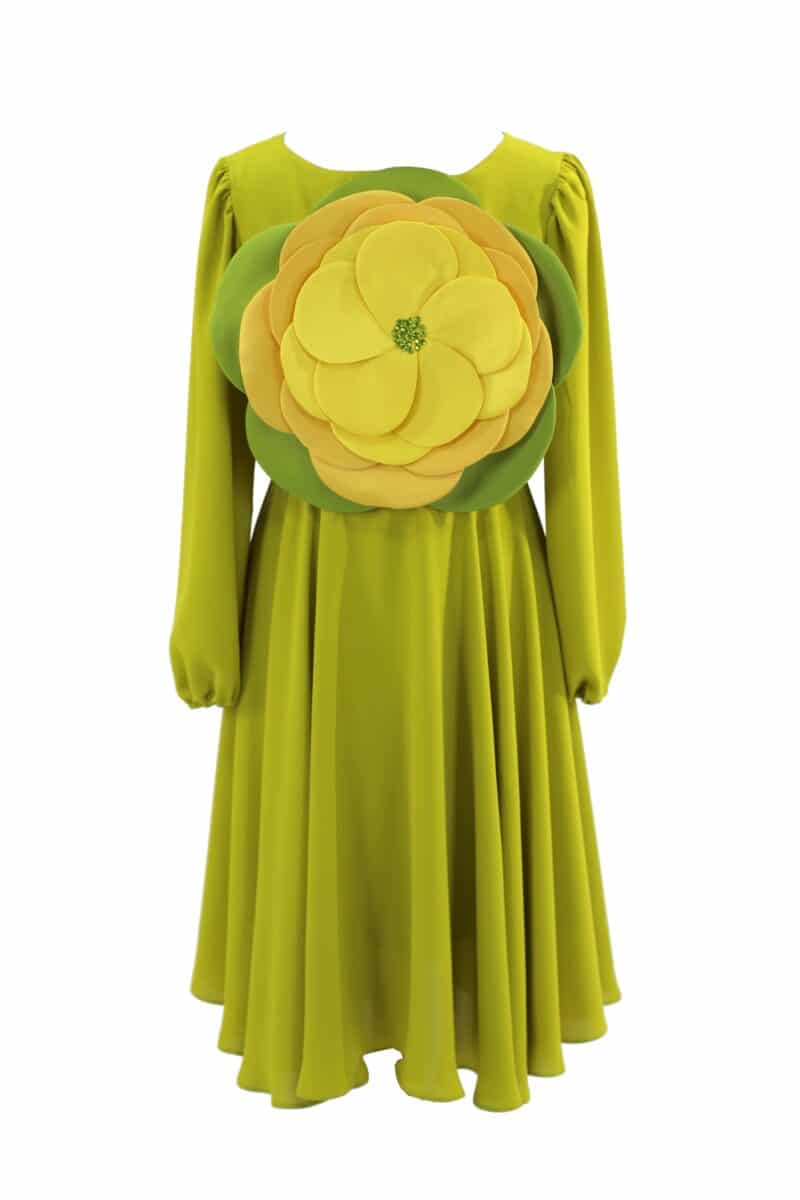 Rochie midi verde lime cu floare DANIKA