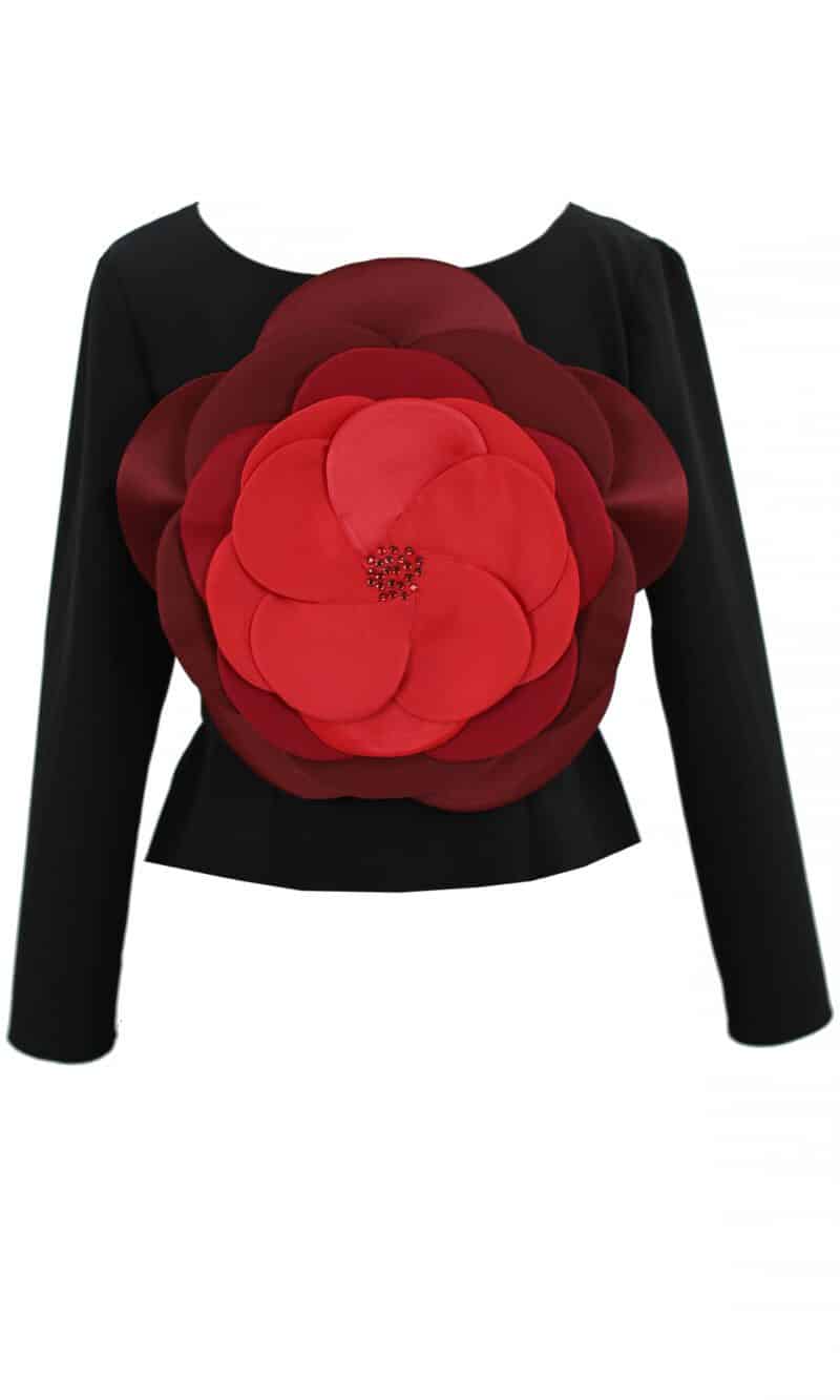 Bluză neagră cu o floare 3D roșie AISHA