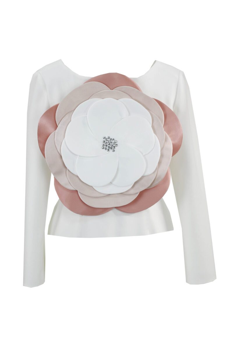 Bluză albă cu o floare 3D roz AISHA