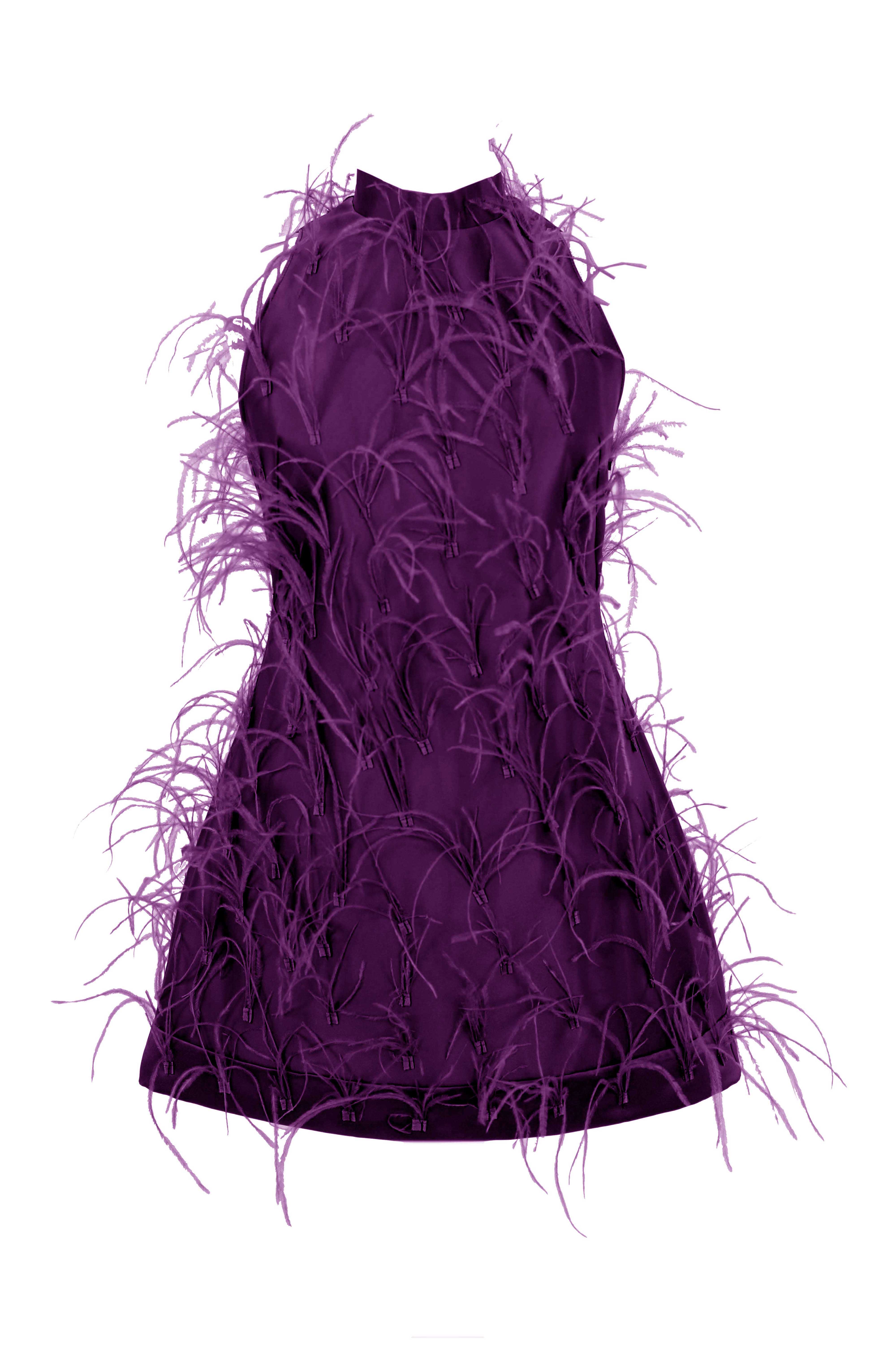 R23101 - AUBERGINE 01 - ALMEEA aubergine purple mini dress with feathers - AMBAR STUDIO