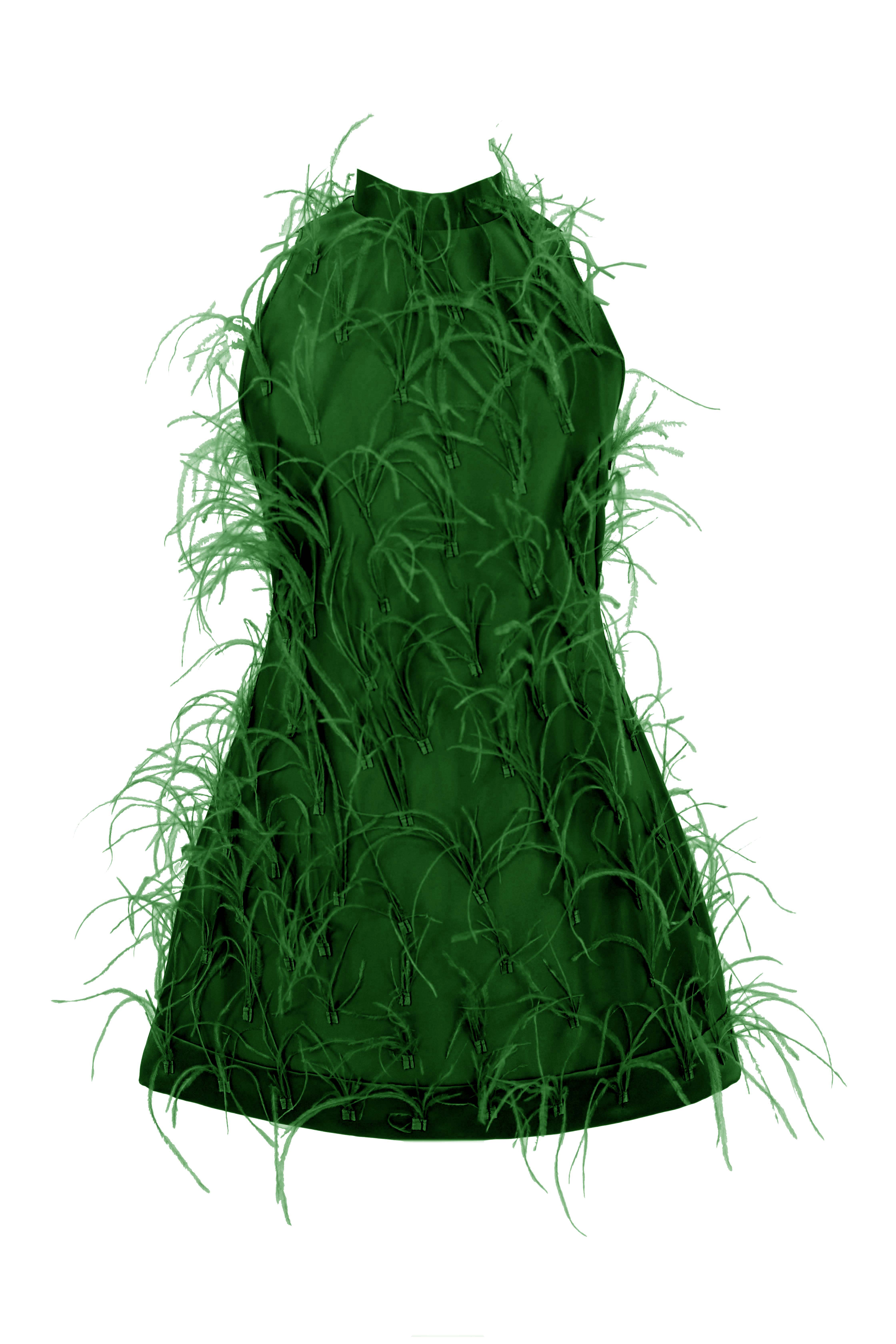 R23101 - GREEN 01 - ALMEEA green mini dress with feathers - AMBAR STUDIO