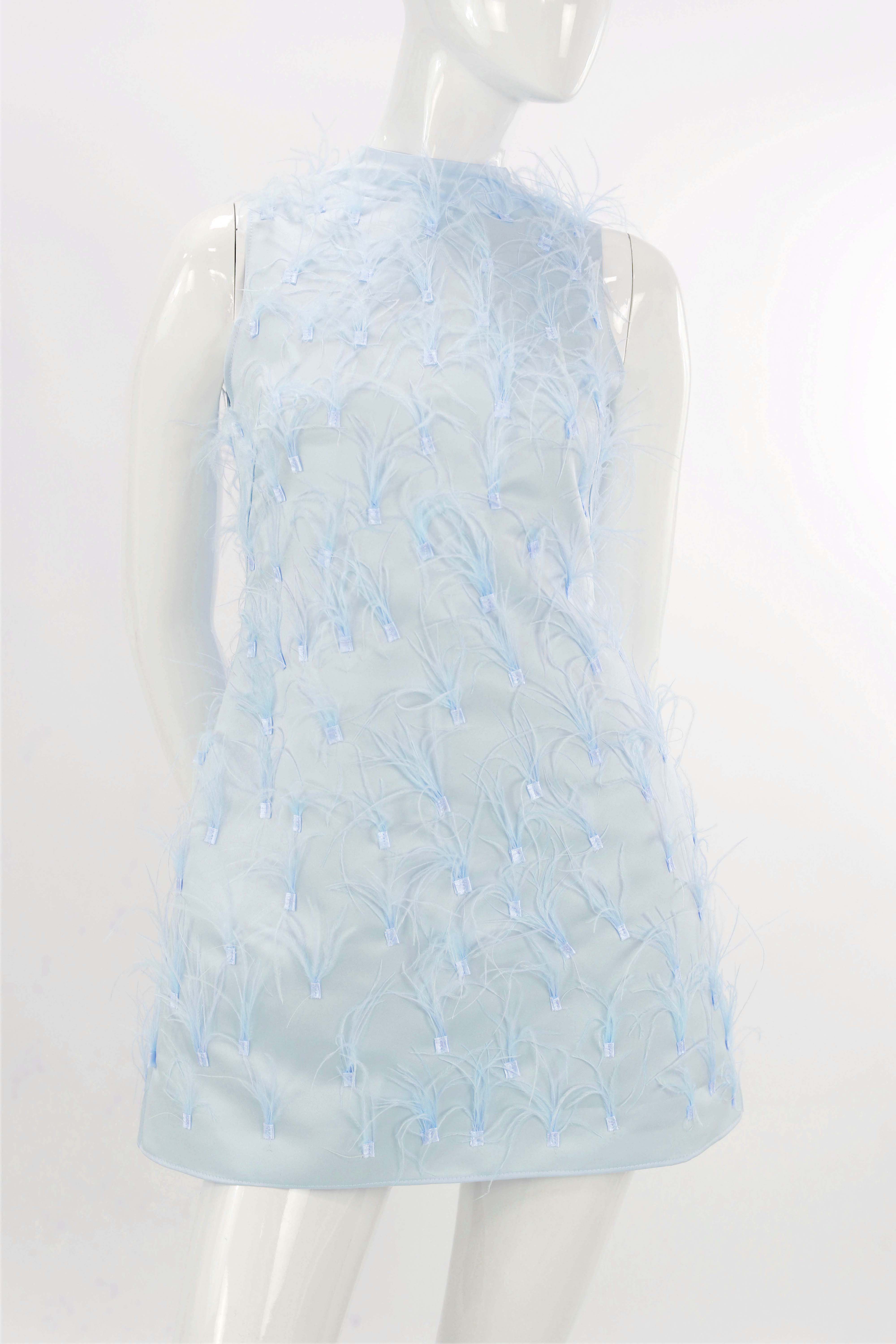 R23101 - LIGHT BLUE 01 - ALMEEA light blue mini dress with feathers - AMBAR STUDIO
