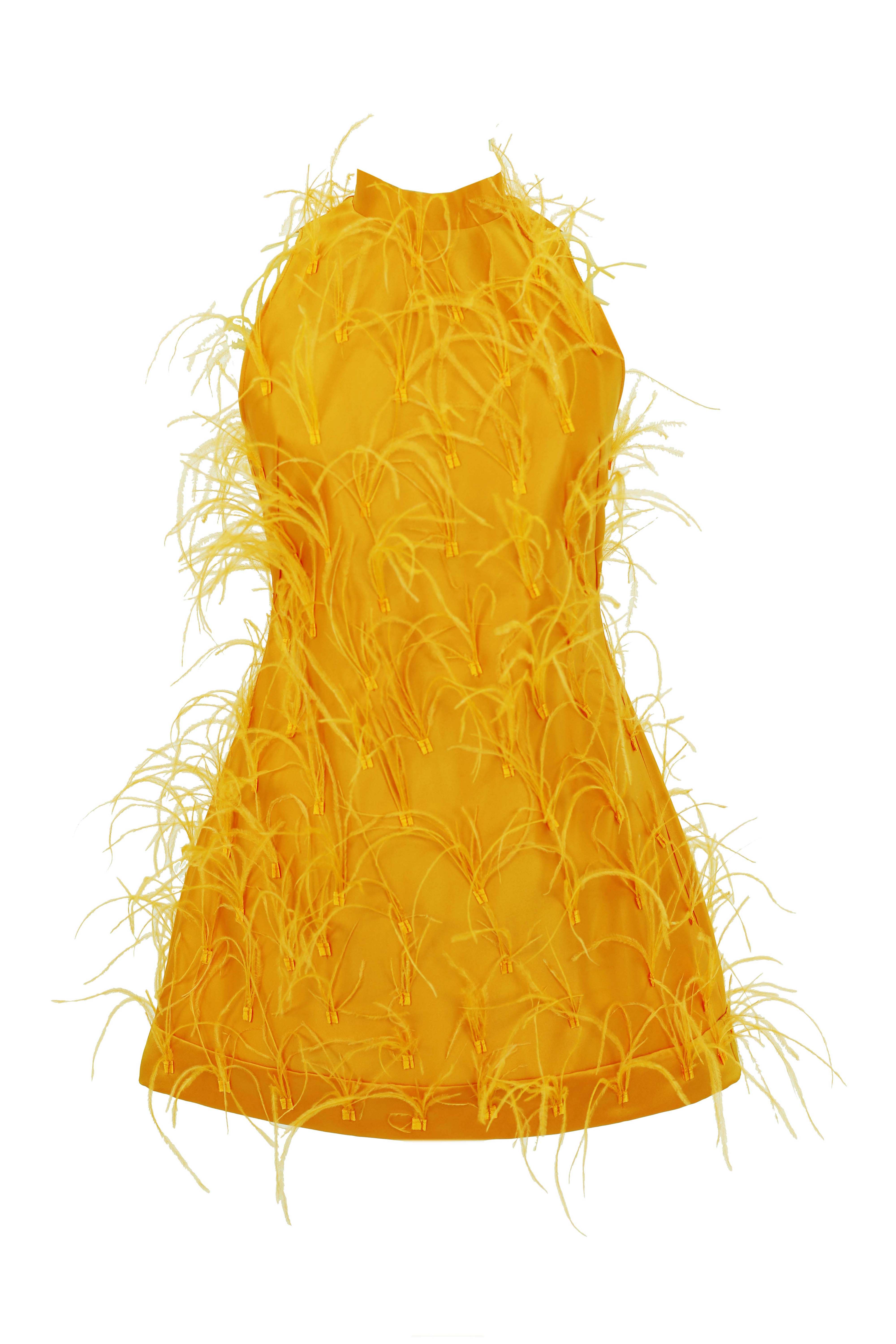 R23101 - OCHRE 01 - ALMEEA ochre yellow mini dress with feathers - AMBAR STUDIO