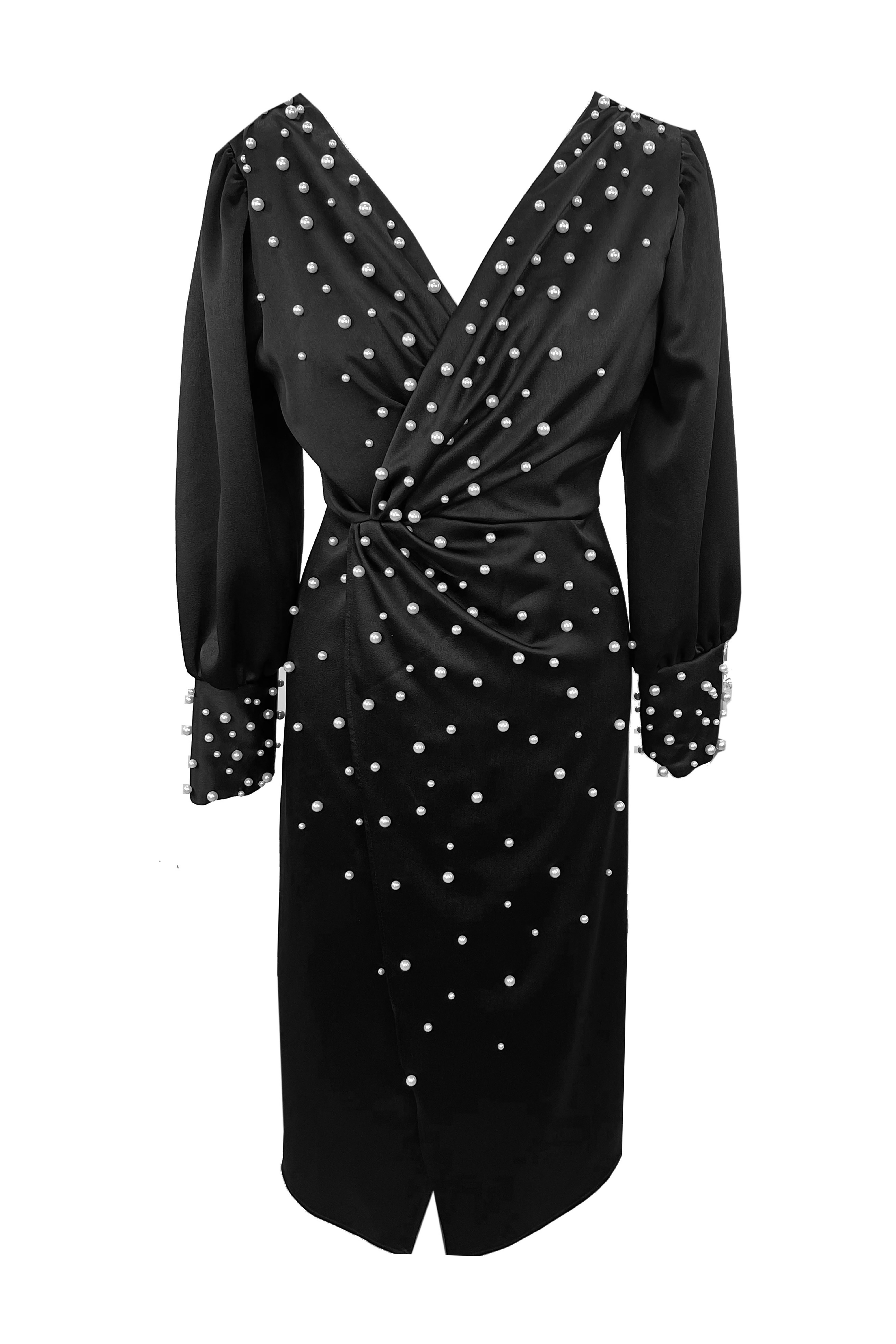 R24101 - BLACK 01 - AMINA black dress with pearls - Ambar Studio