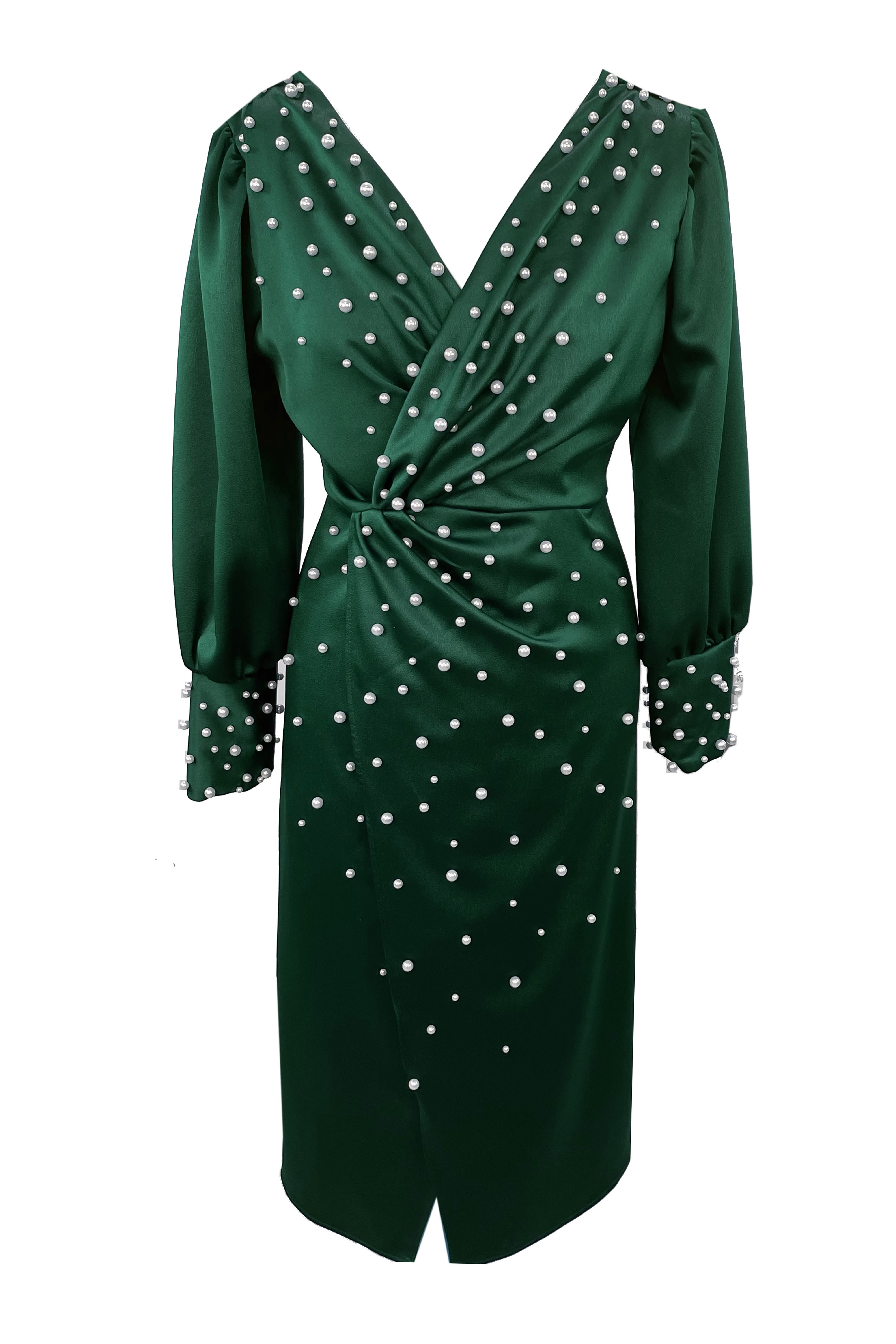 R24101 - GREEN 01 - AMINA green dress with pearls - Ambar Studio