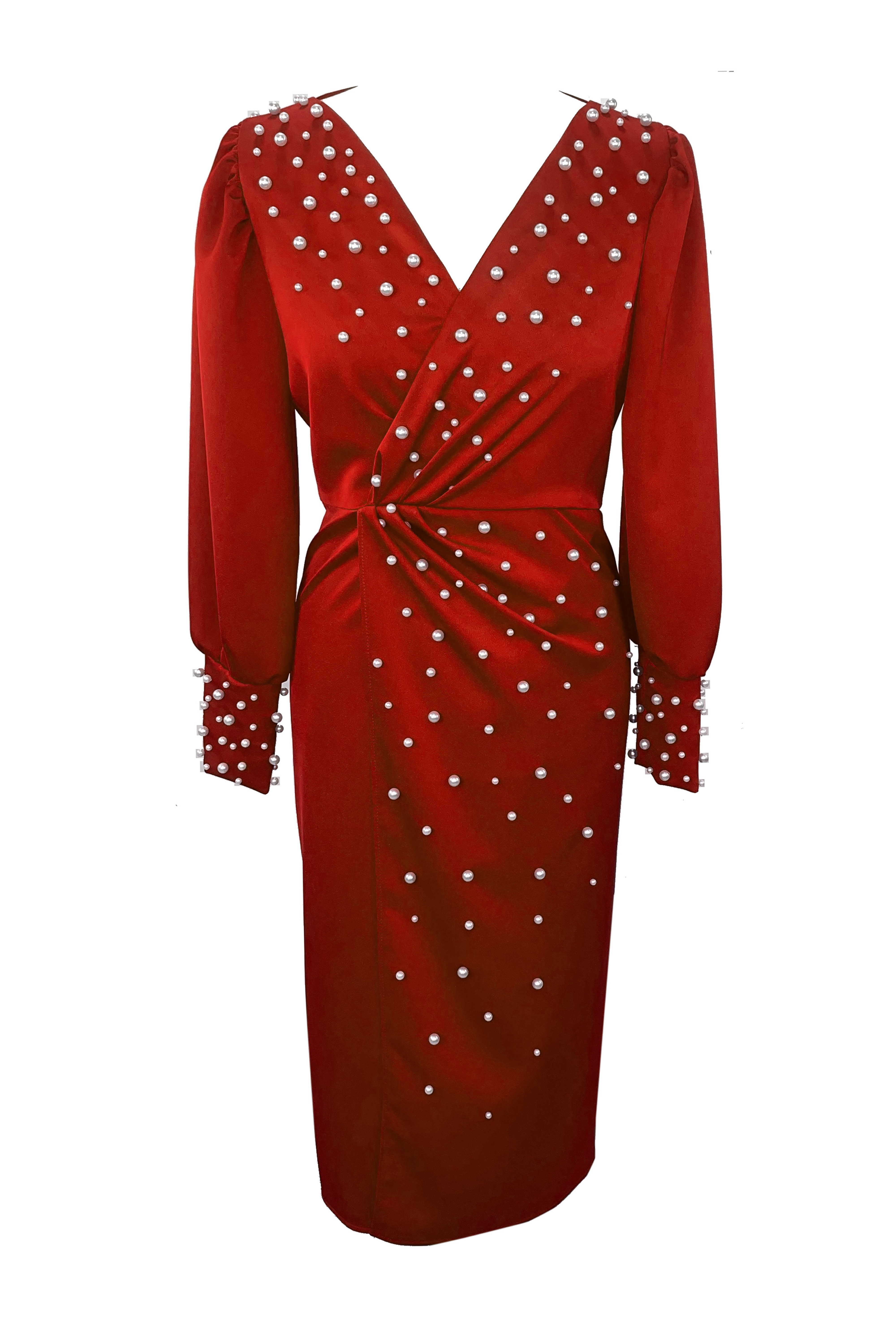 R24101 - RED 01 - AMINA red dress with pearls - Ambar Studio