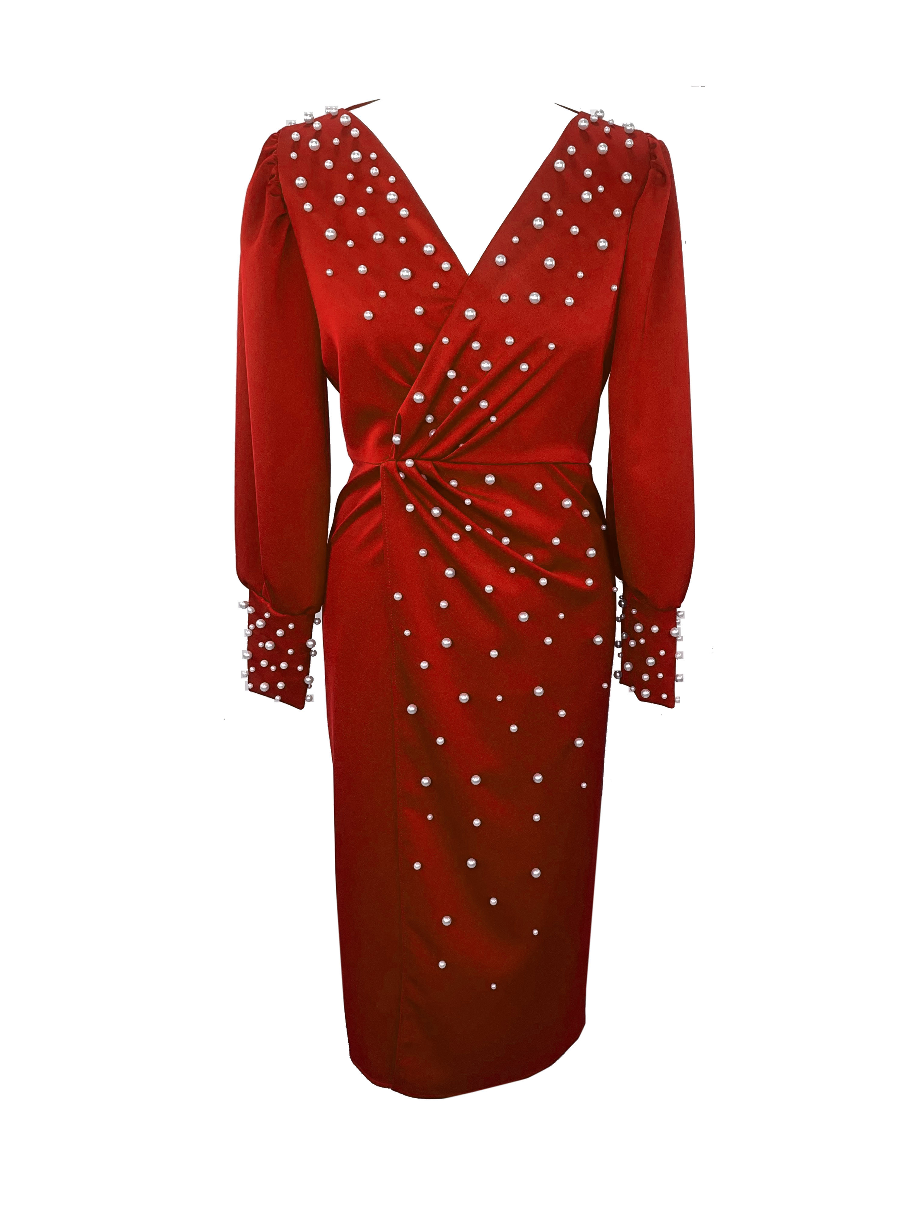R24101 - RED 01 - AMINA red dress with pearls - Ambar Studio