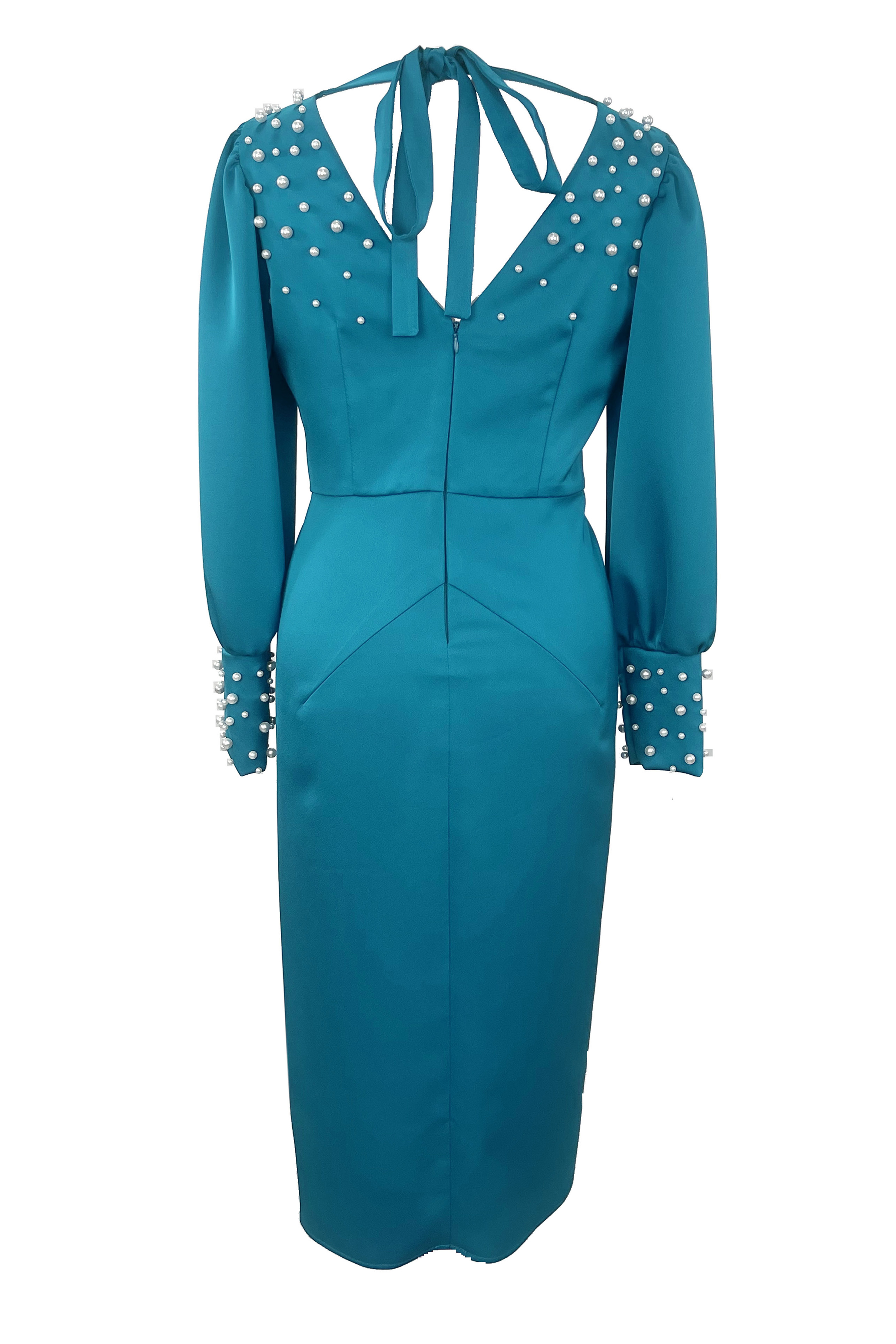 R24101 - TURQUOISE 01 - AMINA turquoise dress with pearls - Ambar Studio copy
