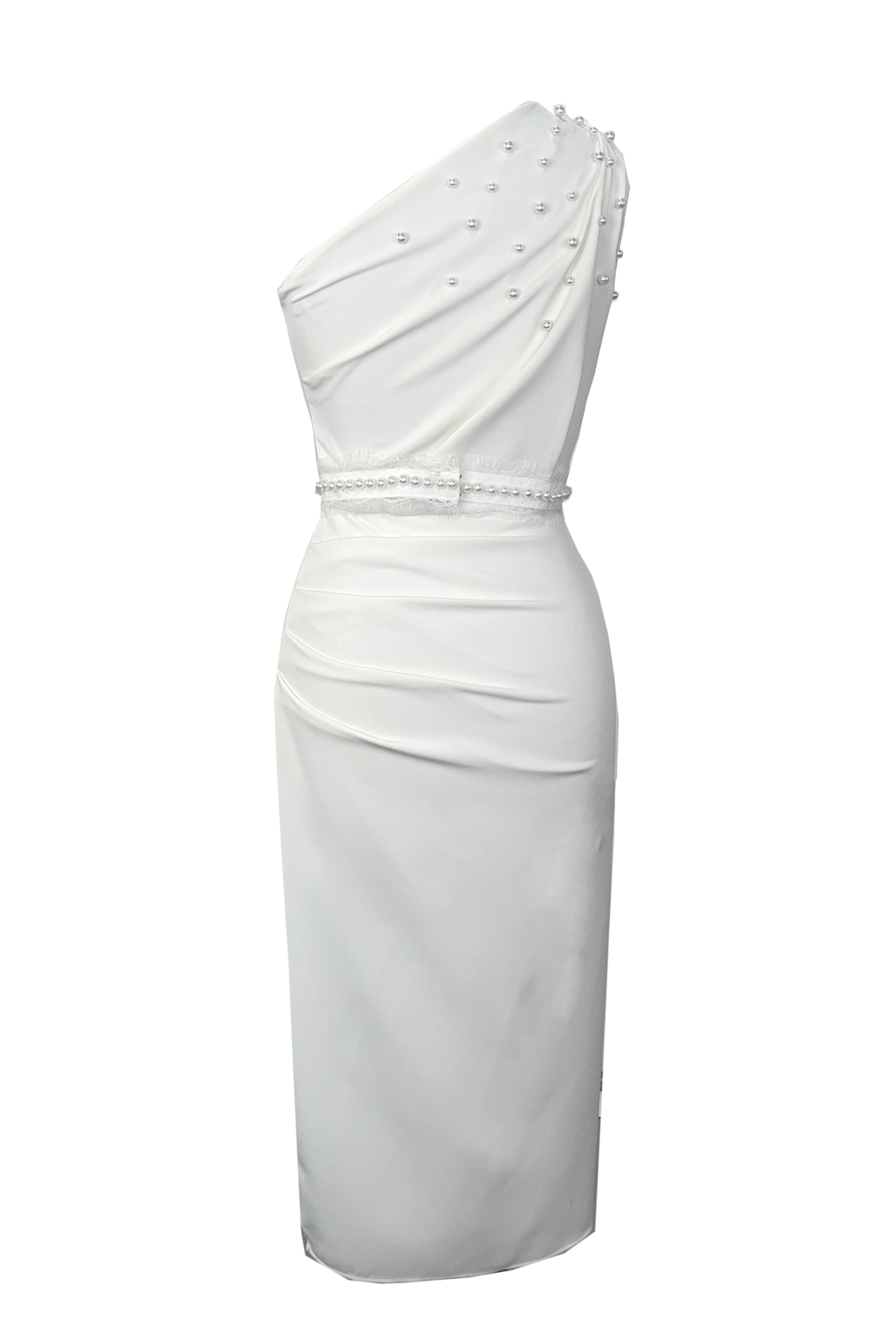R24105 - WHITE 01 - LEONY white crep one shoulder midi dress with pearls - AMBAR STUDIO