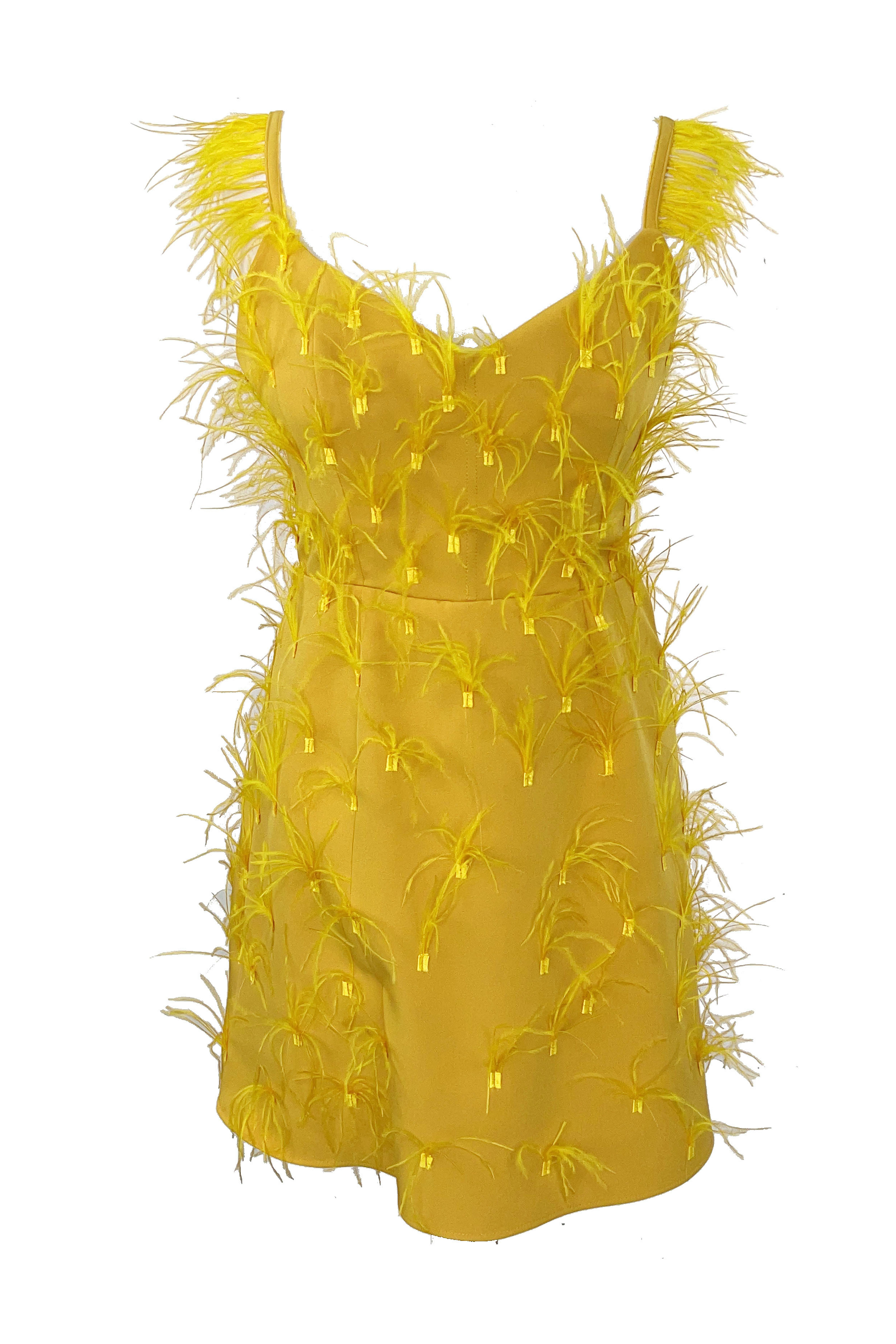 R24106 - OCHRE 01 - OLYMPIA ochre yellow mini dress with feathers - AMBAR STUDIO