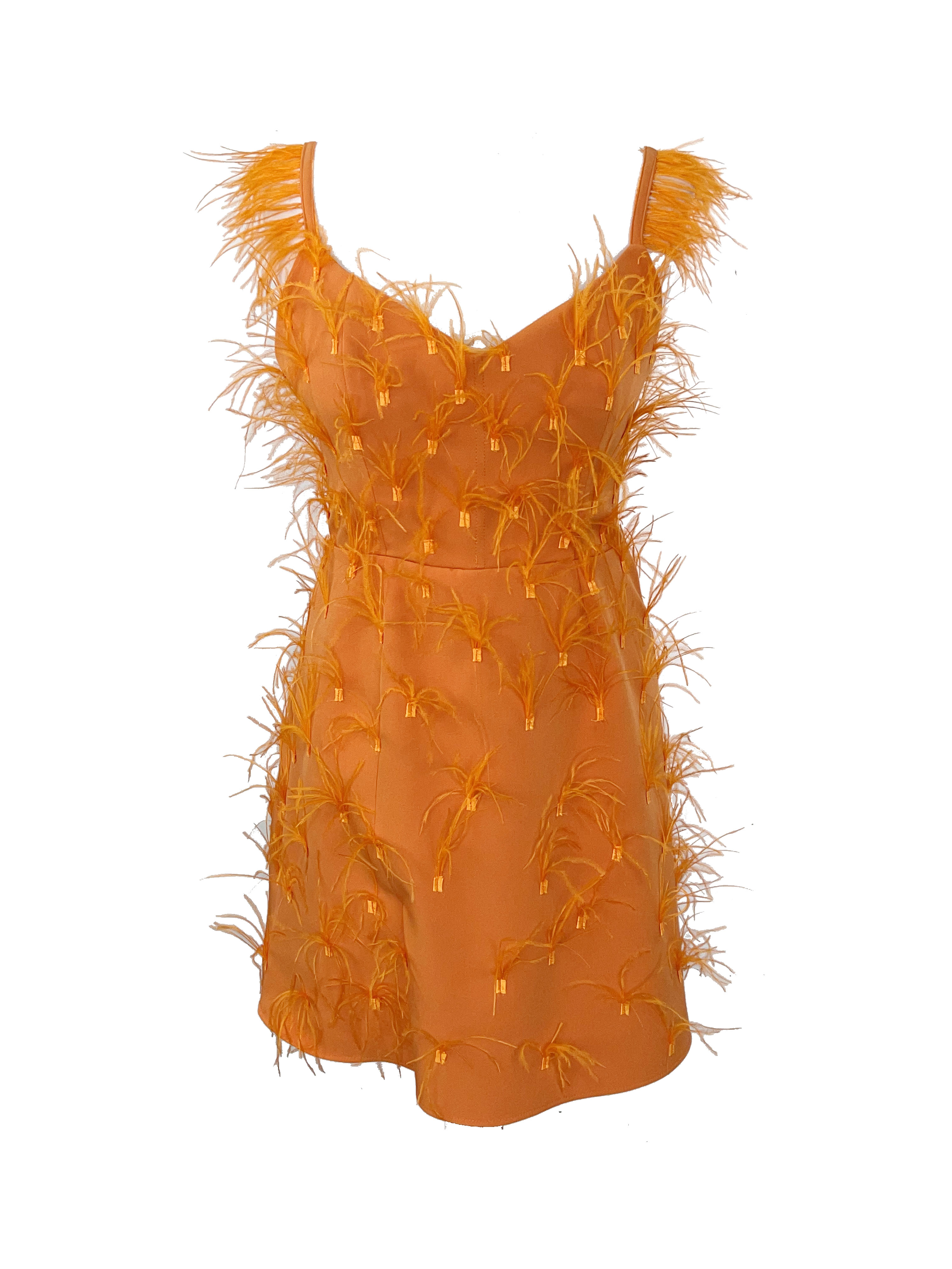 R24106 - ORANGE 01 - OLYMPIA orange mini dress with feathers - AMBAR STUDIO