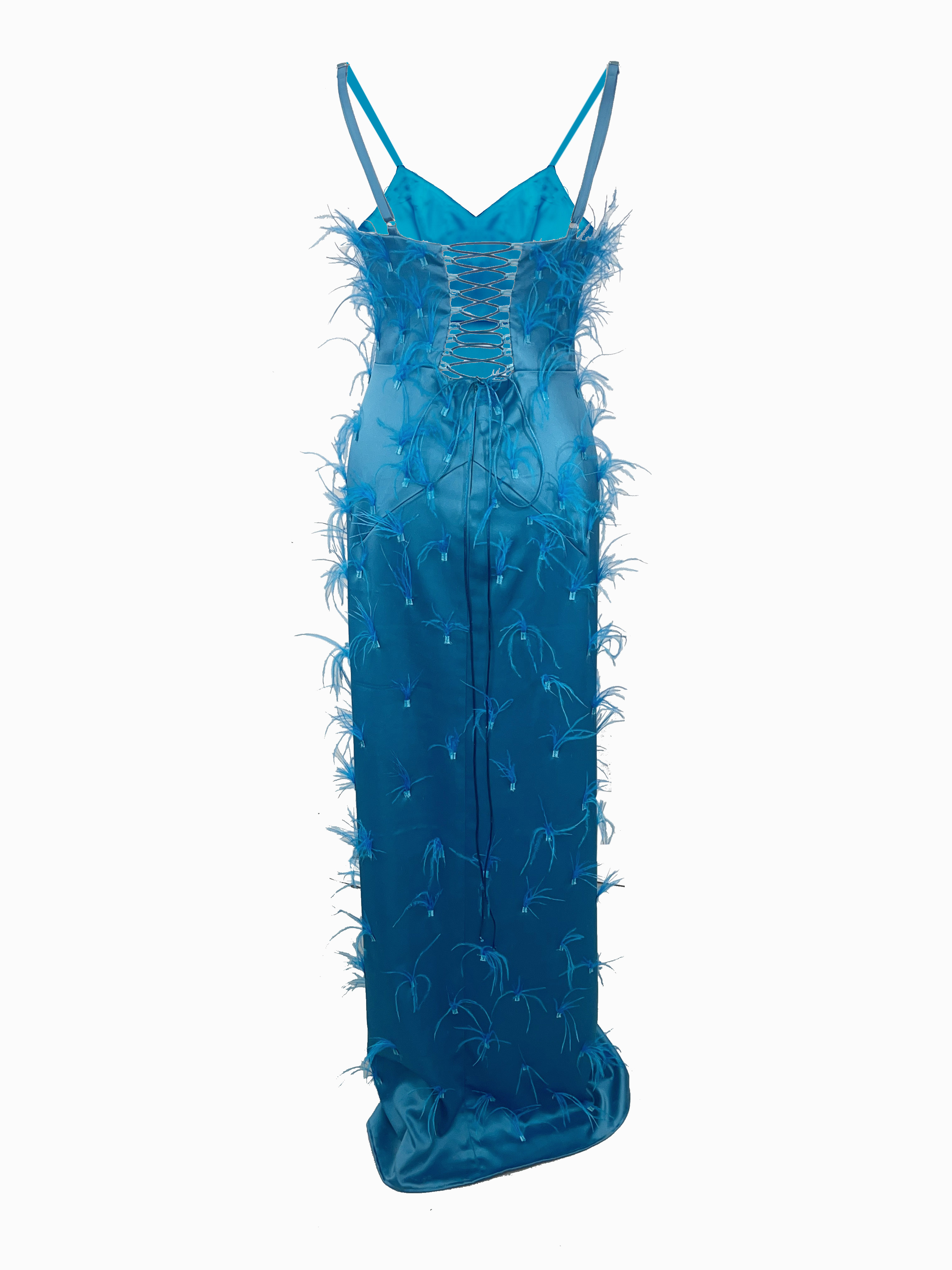 R24107 - TURQUOISE 01 - EZRA turquoise long dress with feathers - AMBAR STUDIO