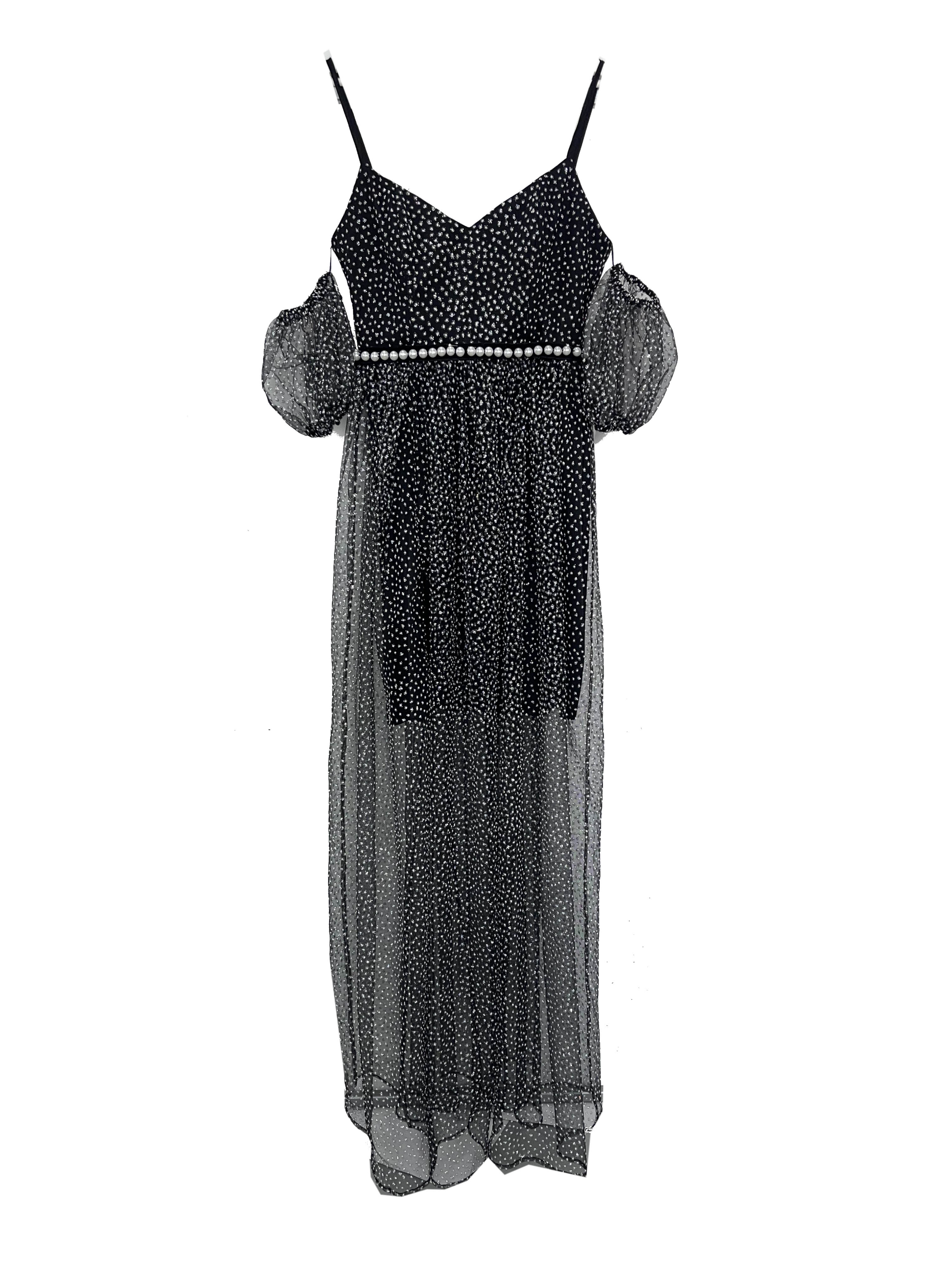 R24109 01 - ZAHIA black long dress with glitter