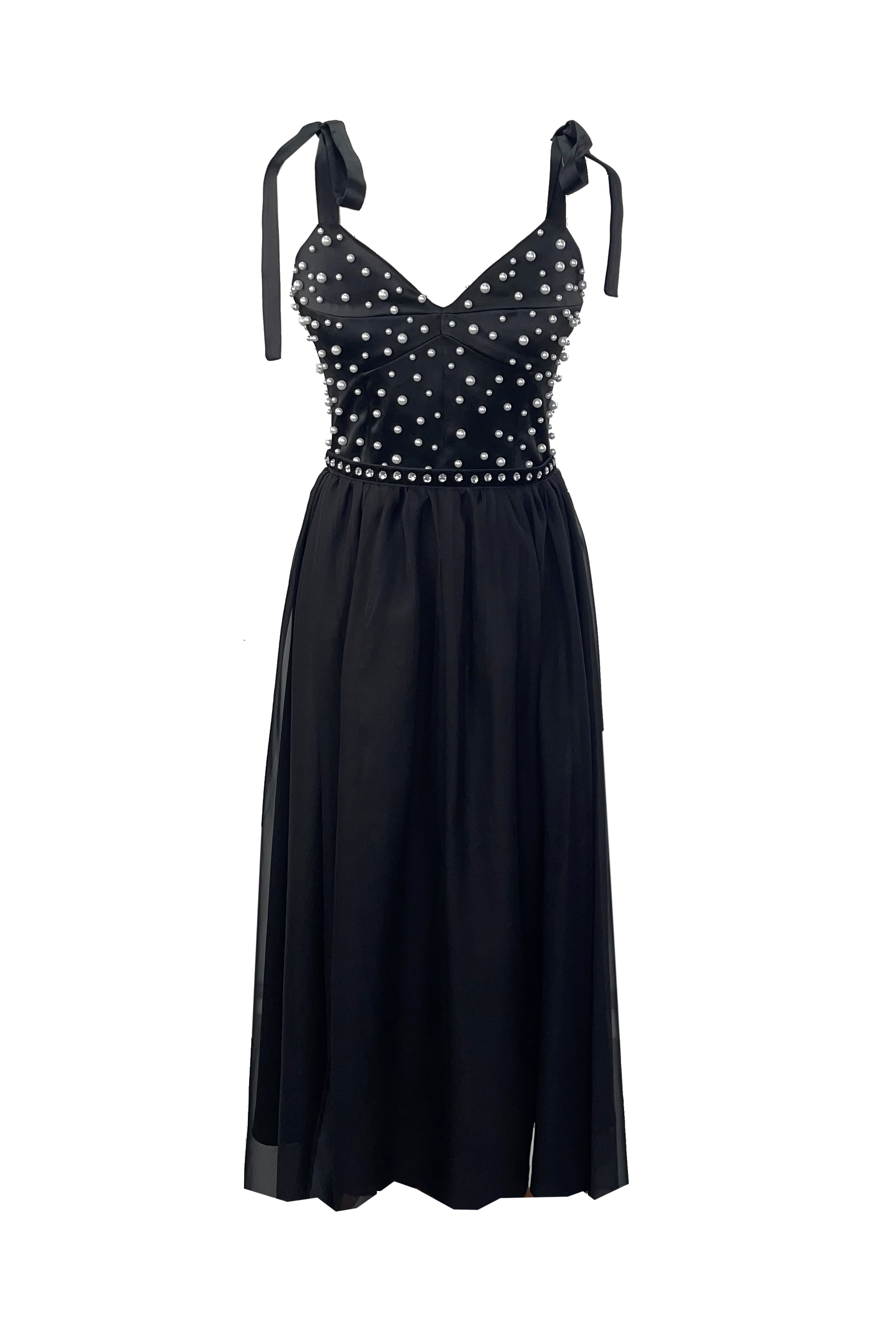 R24117 01 - LORRIA black silk evening midi dress with pearls