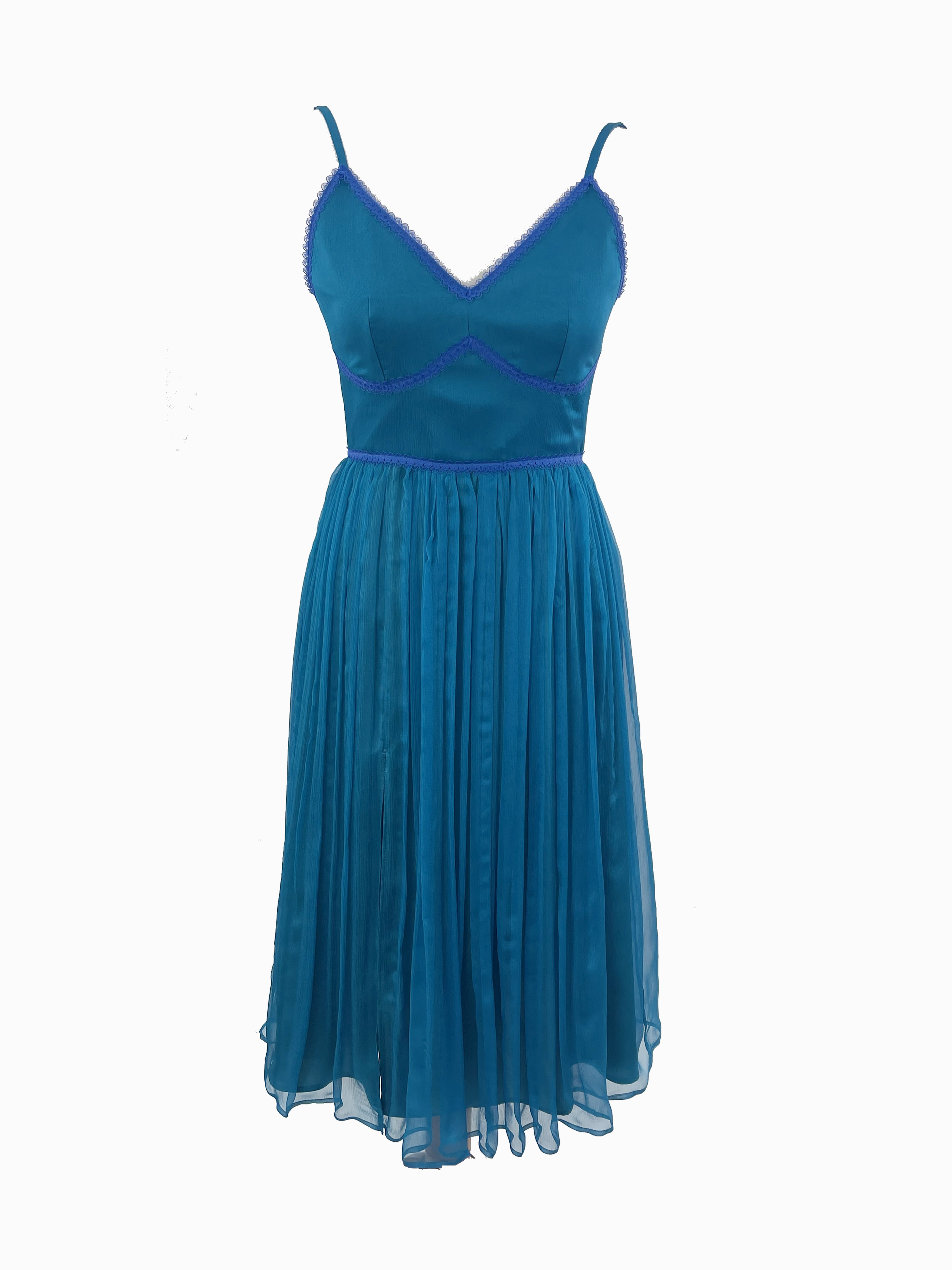 R24118 01 - MIRU midi turquoise silk dress with electric blue lace