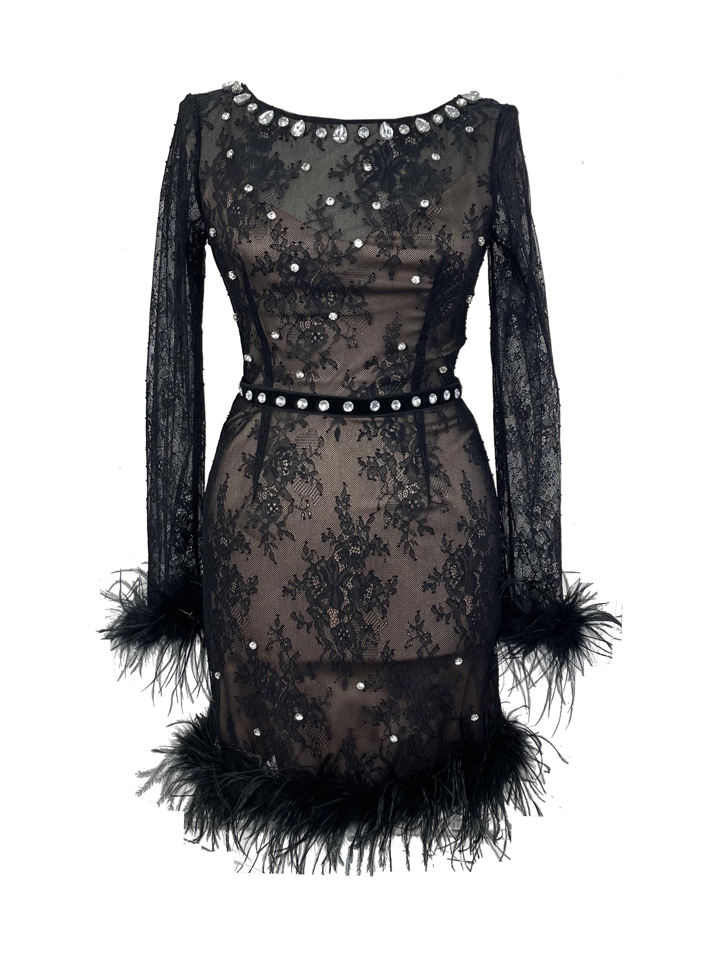 R24120 - BLACK 01 - CASANDRA black lace mini dress with feathers and crystals - ambar studio
