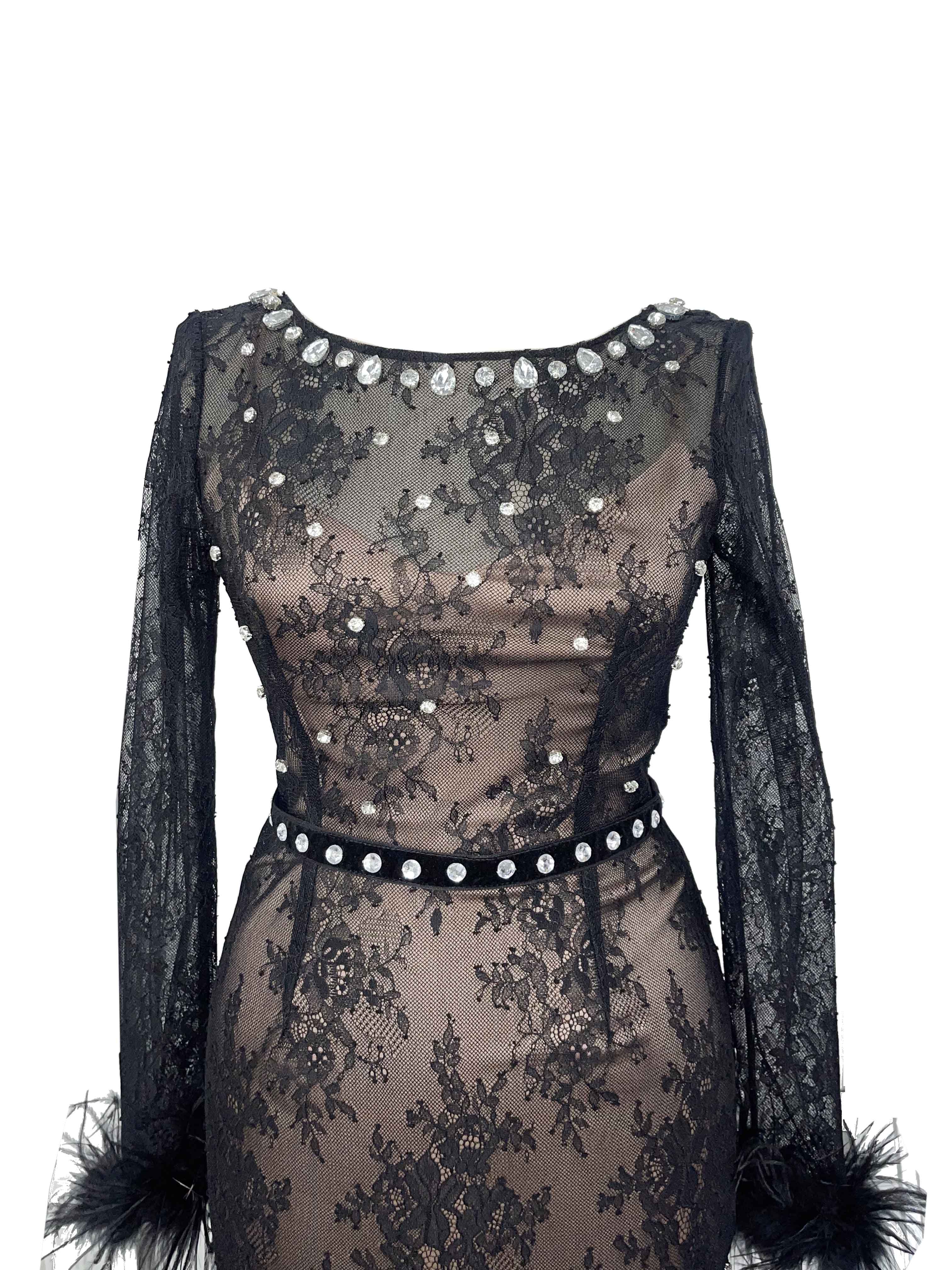 R24120 - BLACK 01 - CASANDRA black lace mini dress with feathers and crystals - ambar studio