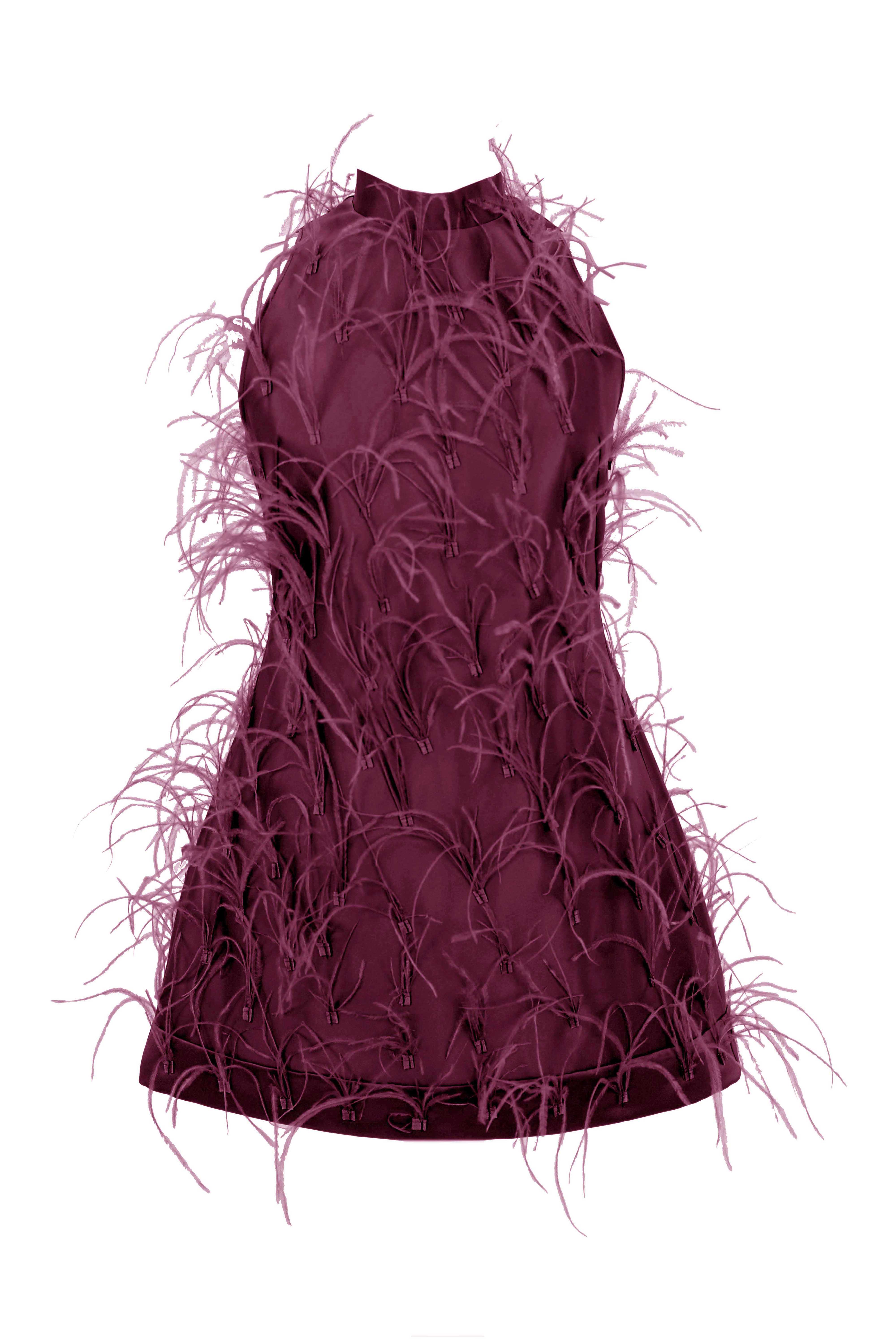 R23101 - WINE 01 - ALMEEA red wine mini dress with feathers - AMBAR STUDIO