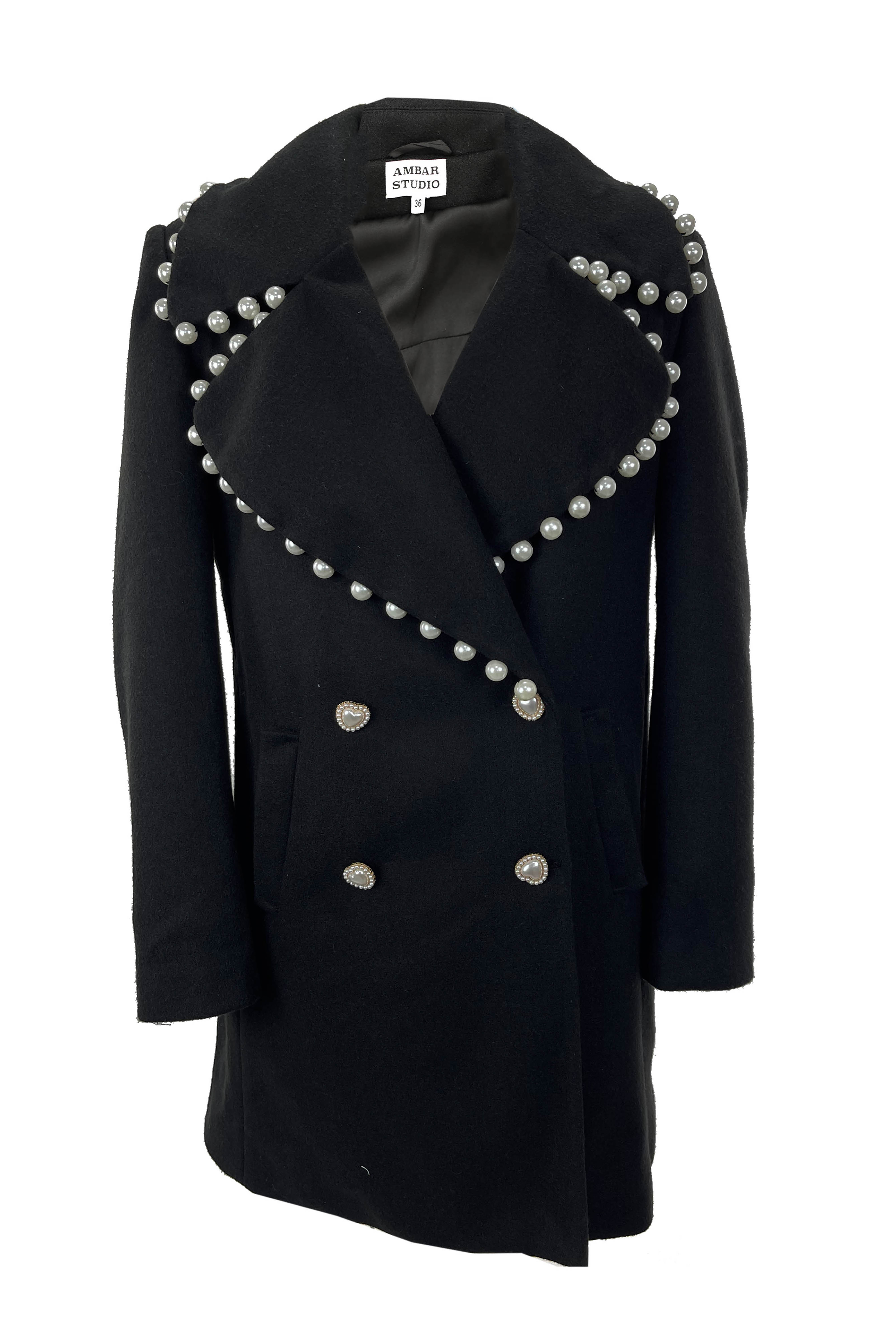 R24128 - BLACK 01 - AMIA black midi wool blend winter coat with pearls