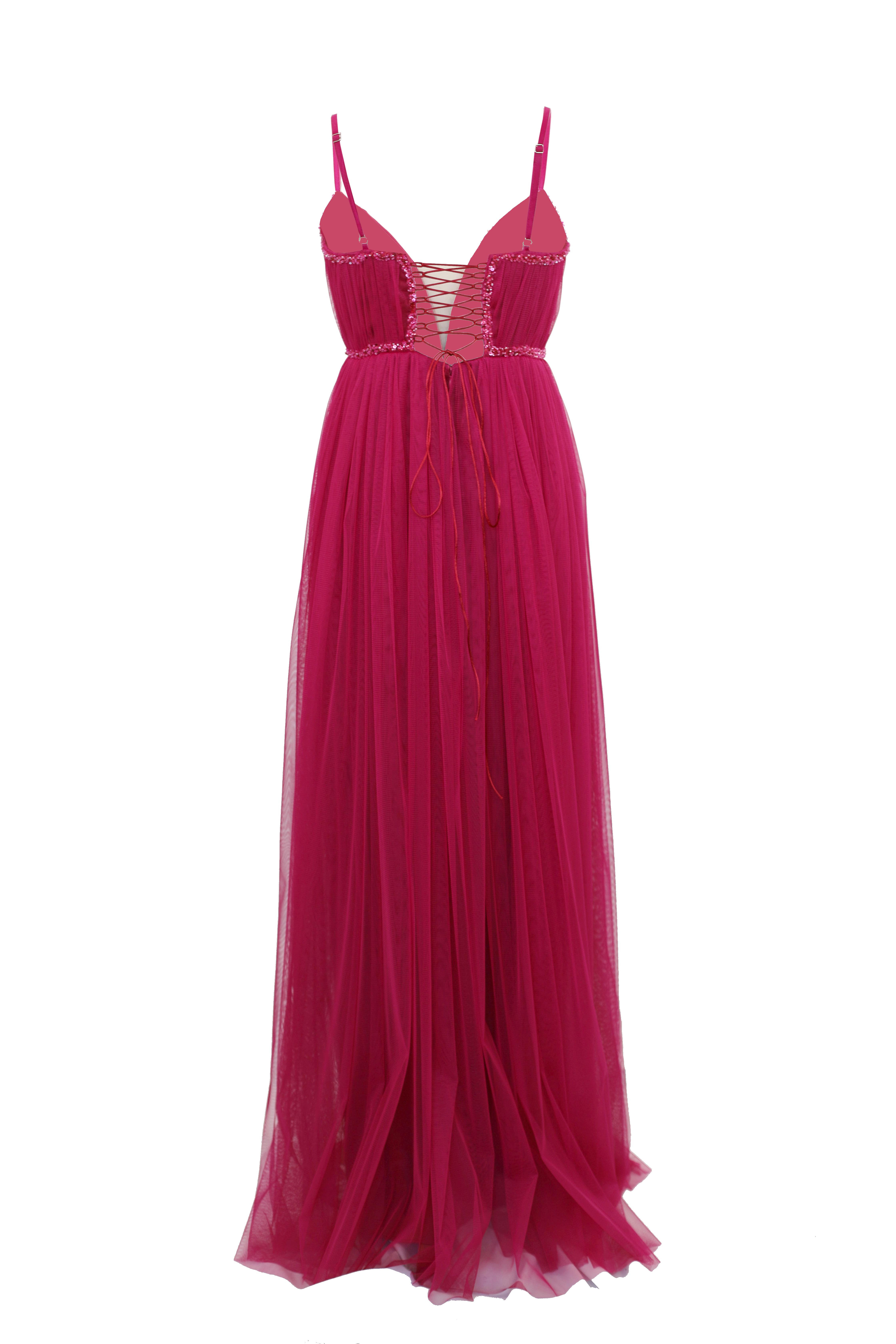MONIQUE pink magenta tulle long evening dress with embroidery
