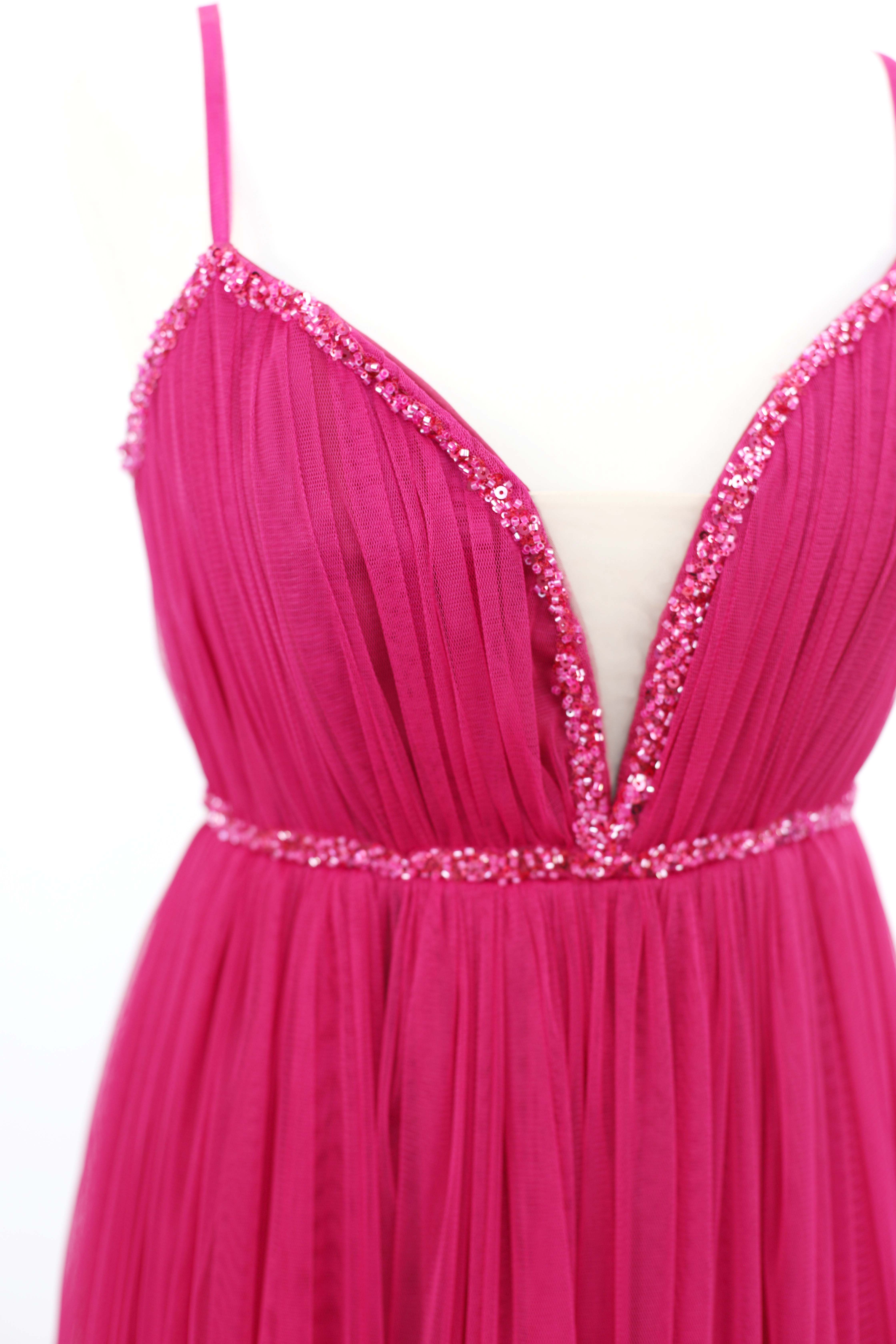 MONIQUE pink magenta tulle long evening dress with embroidery