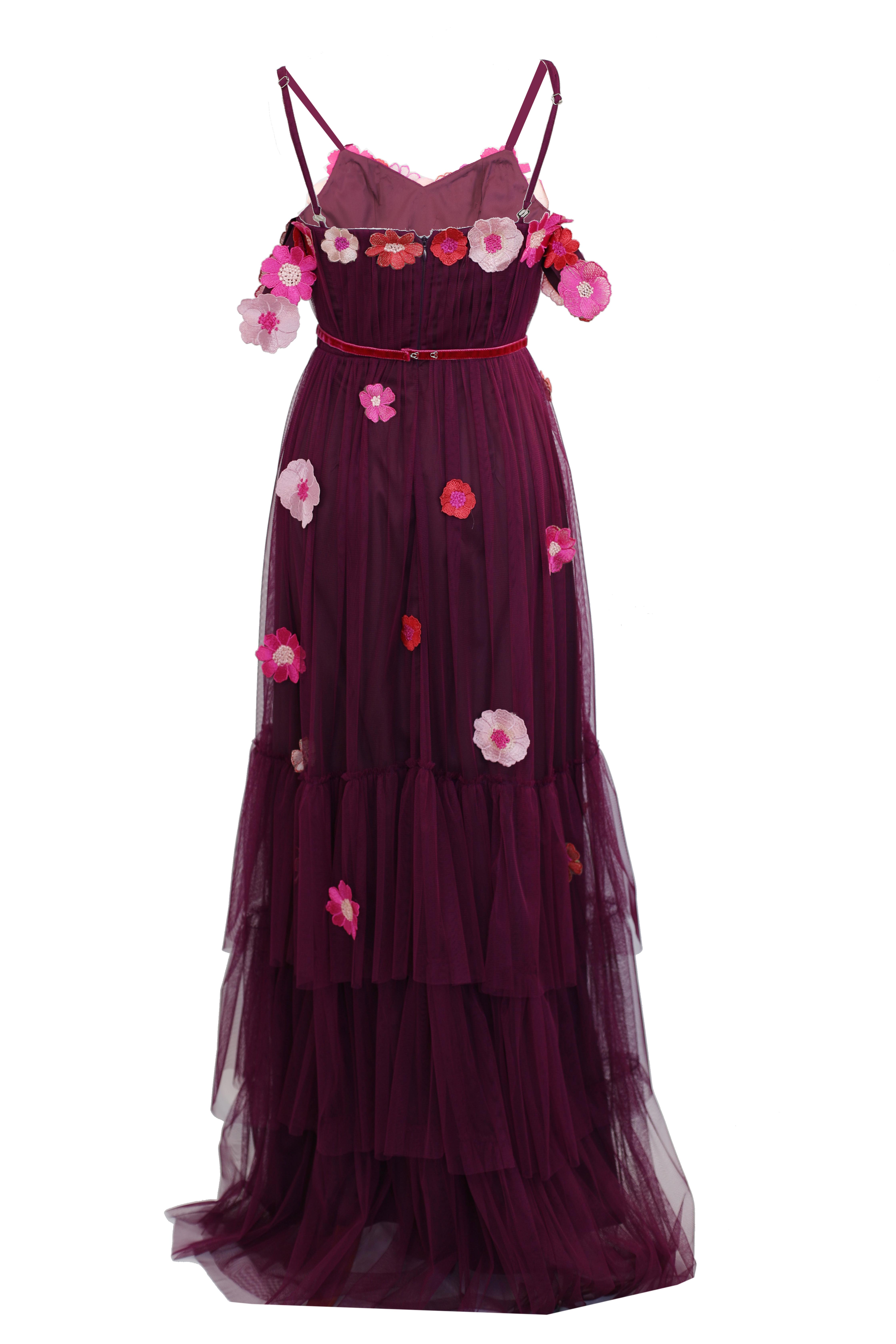R22142 - BURGUNDY 01 - KLARA burgundy tulle long evening dress with flowers AMBAR STUDIO