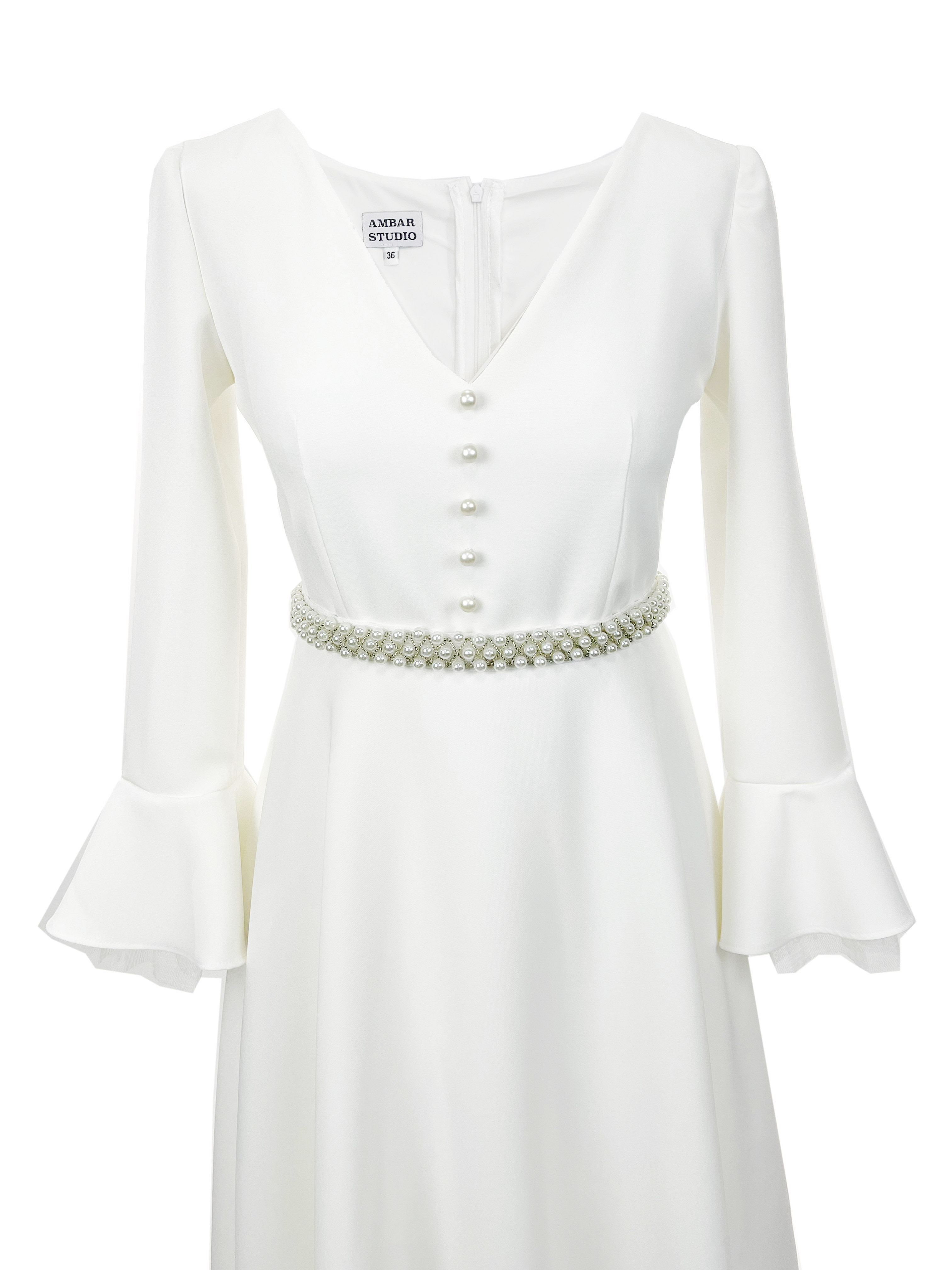 R23171 - WHITE 01 - MATHILDE white midi dress with pearls - AMBAR STUDIO