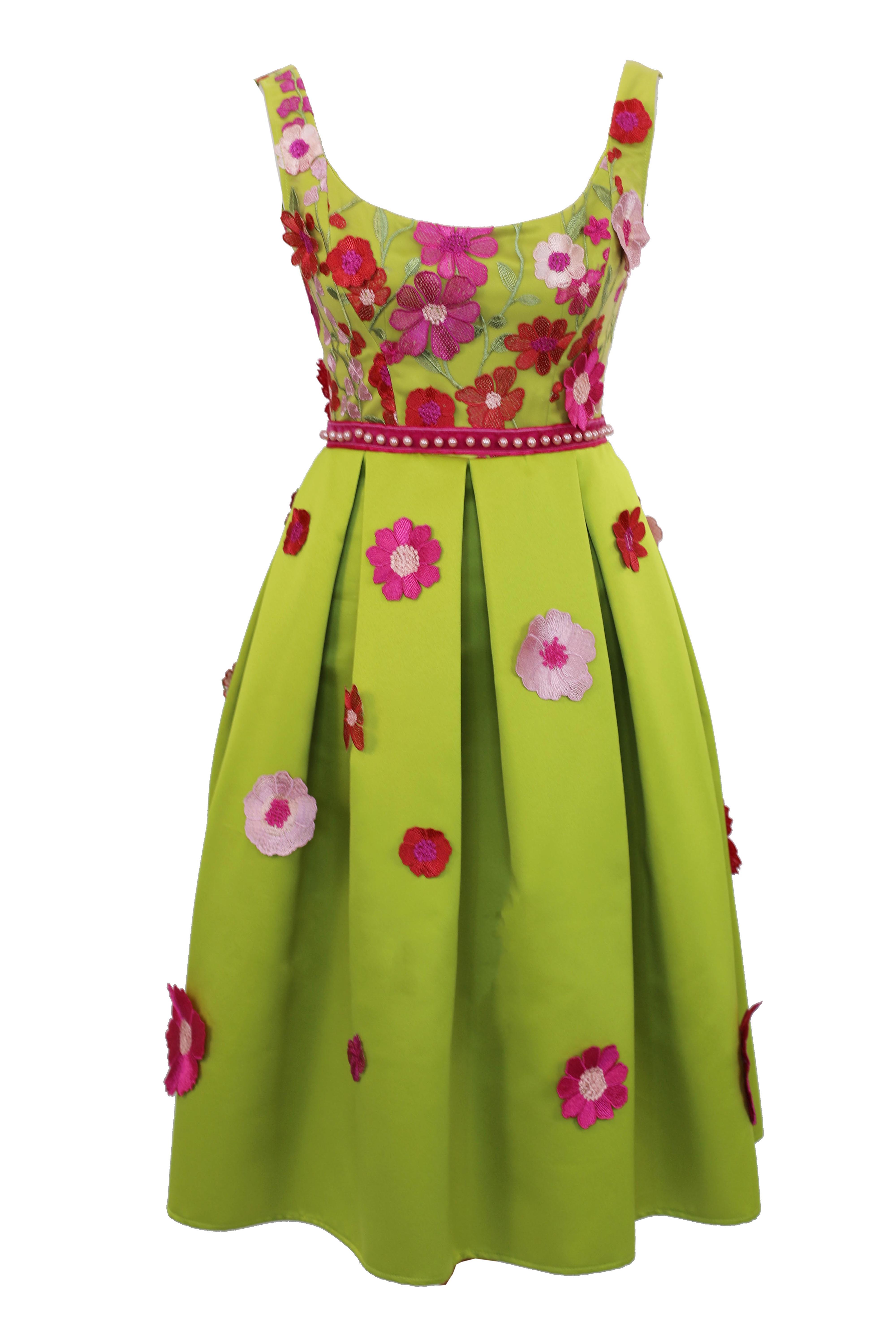 R24149 01 - CLARISSA lime green midi dress with fuchsia 3D flowers AMBAR STUDIO