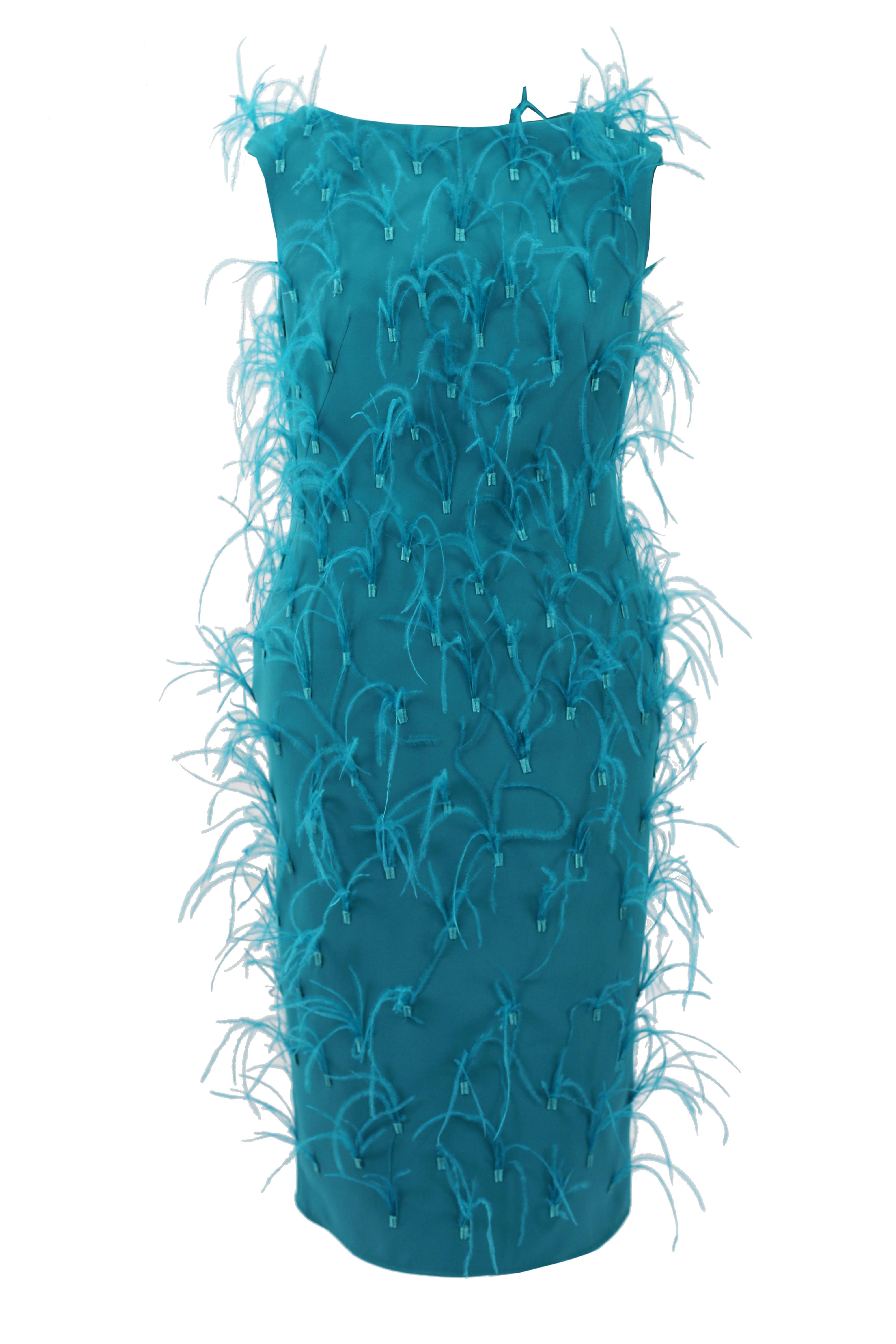 RHEA turquoise midi dress with feathers