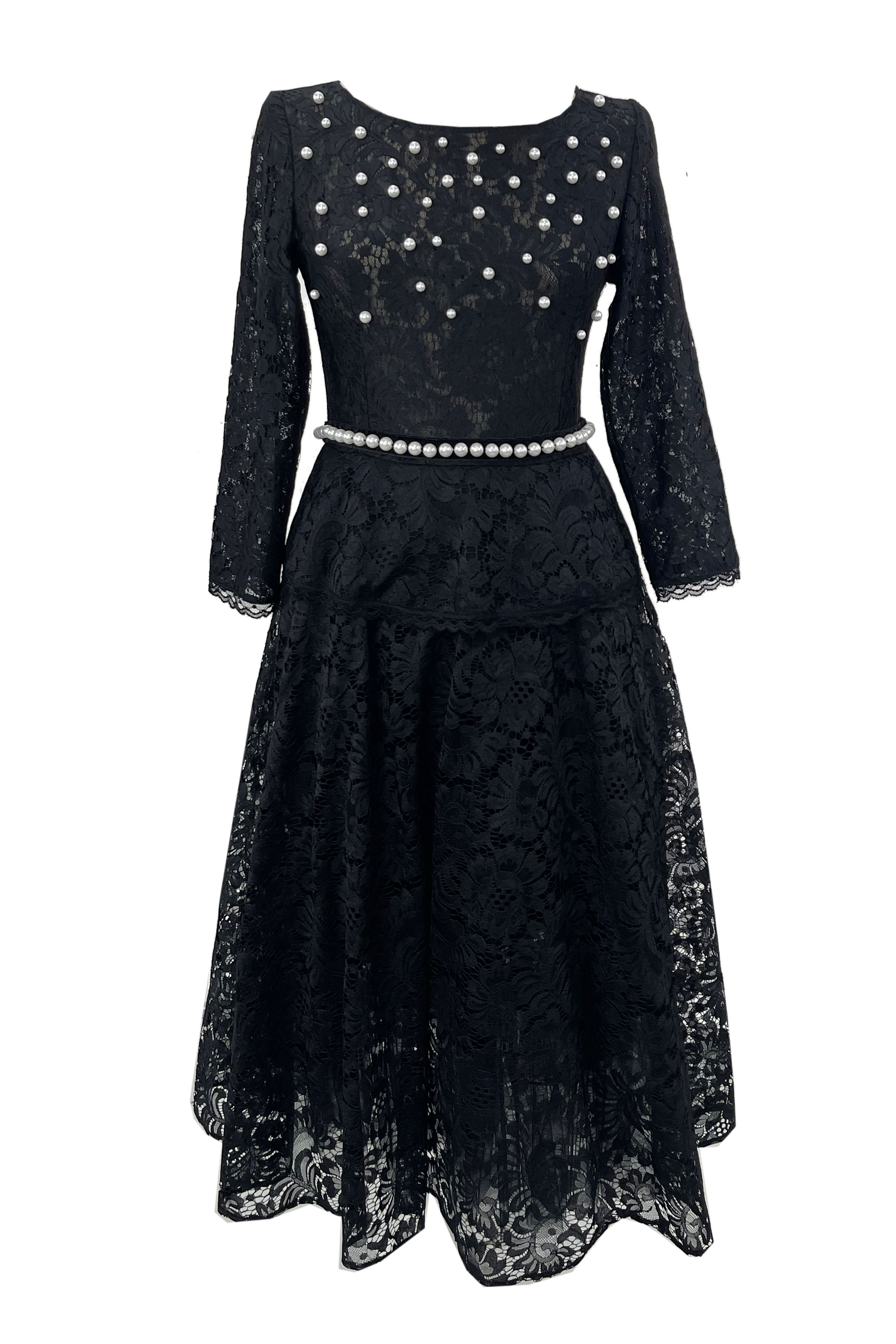 R24122 - BLACK 01 - AMARA black lace midi dress with pearls