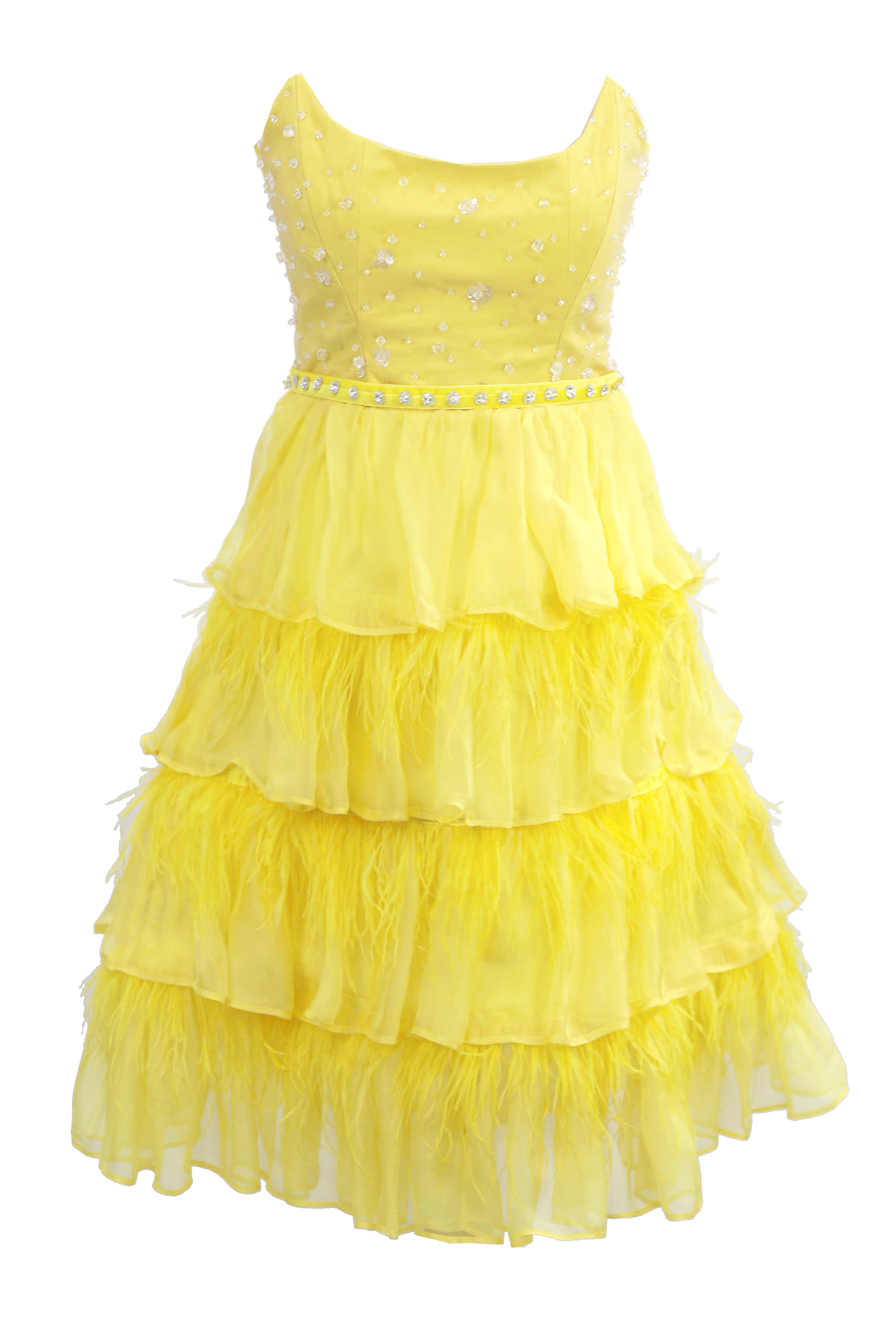 R24156 - YELLOW 01 - MIA yellow silk midi dress with embroidery and feathers AMBAR STUDIO